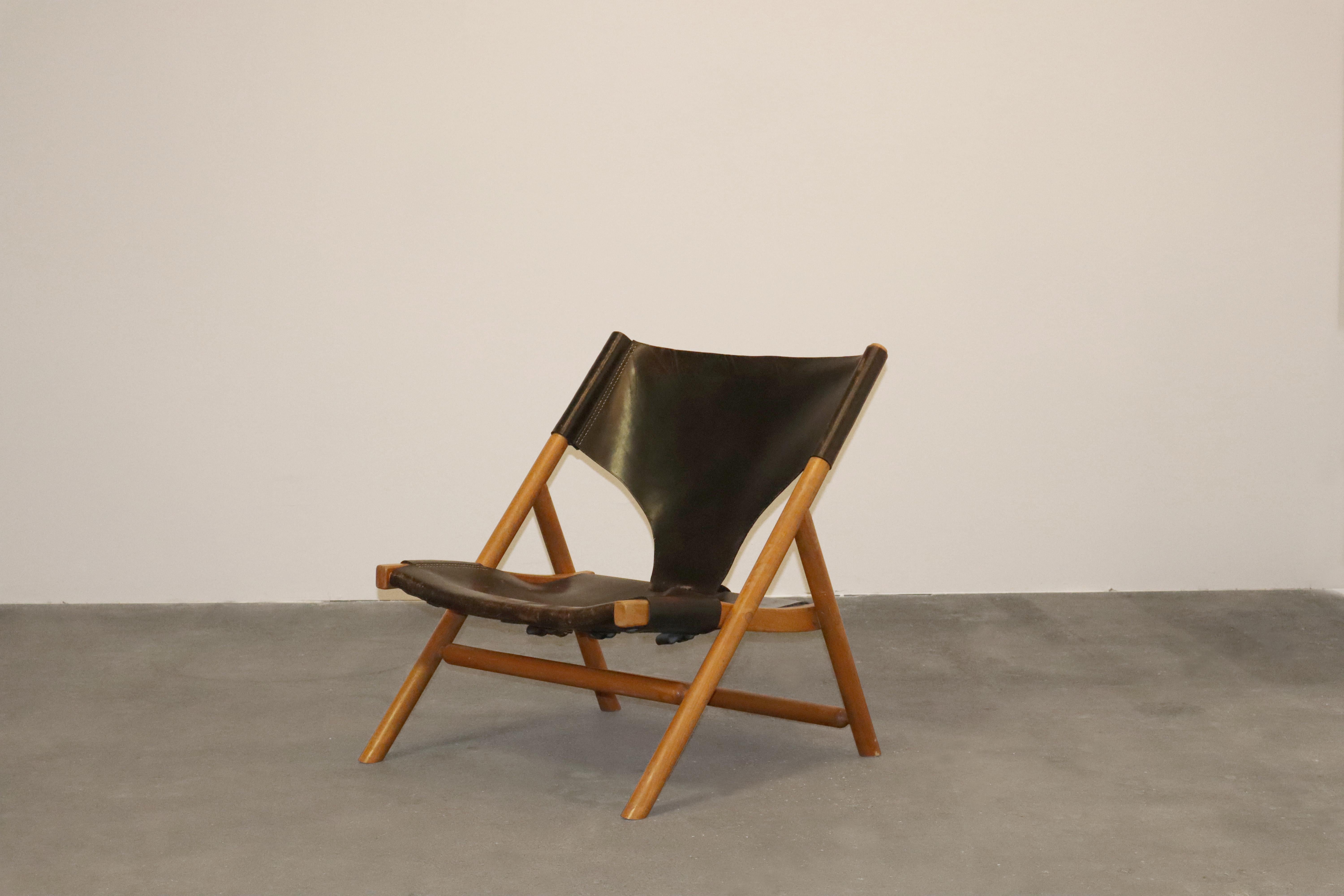 Mid-20th Century Scandinavian Modern Lounge Chair  Patinated Black Saddle Leather  Wegner Style