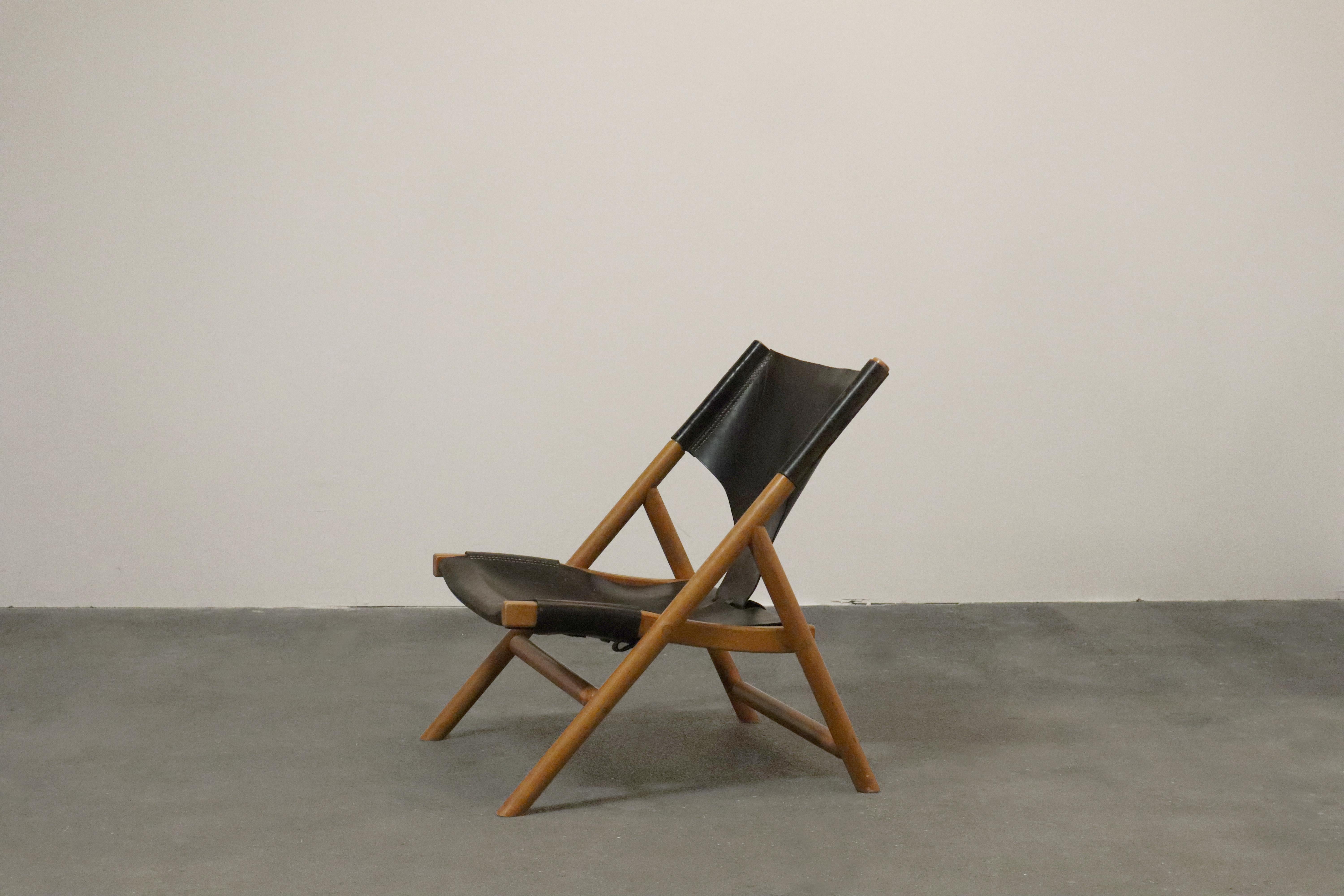 Scandinavian Modern Lounge Chair  Patinated Black Saddle Leather  Wegner Style 1