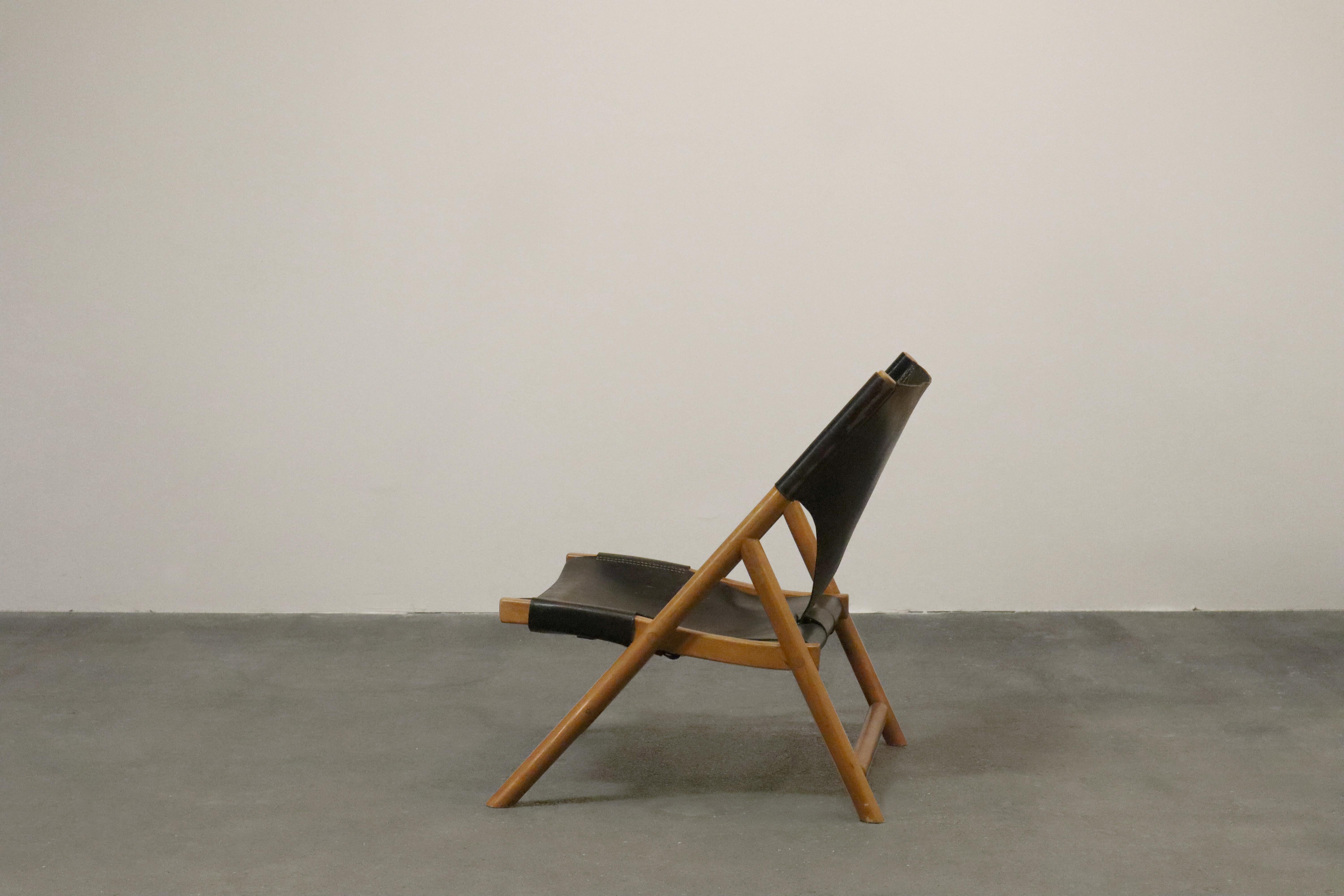 Scandinavian Modern Lounge Chair  Patinated Black Saddle Leather  Wegner Style 2