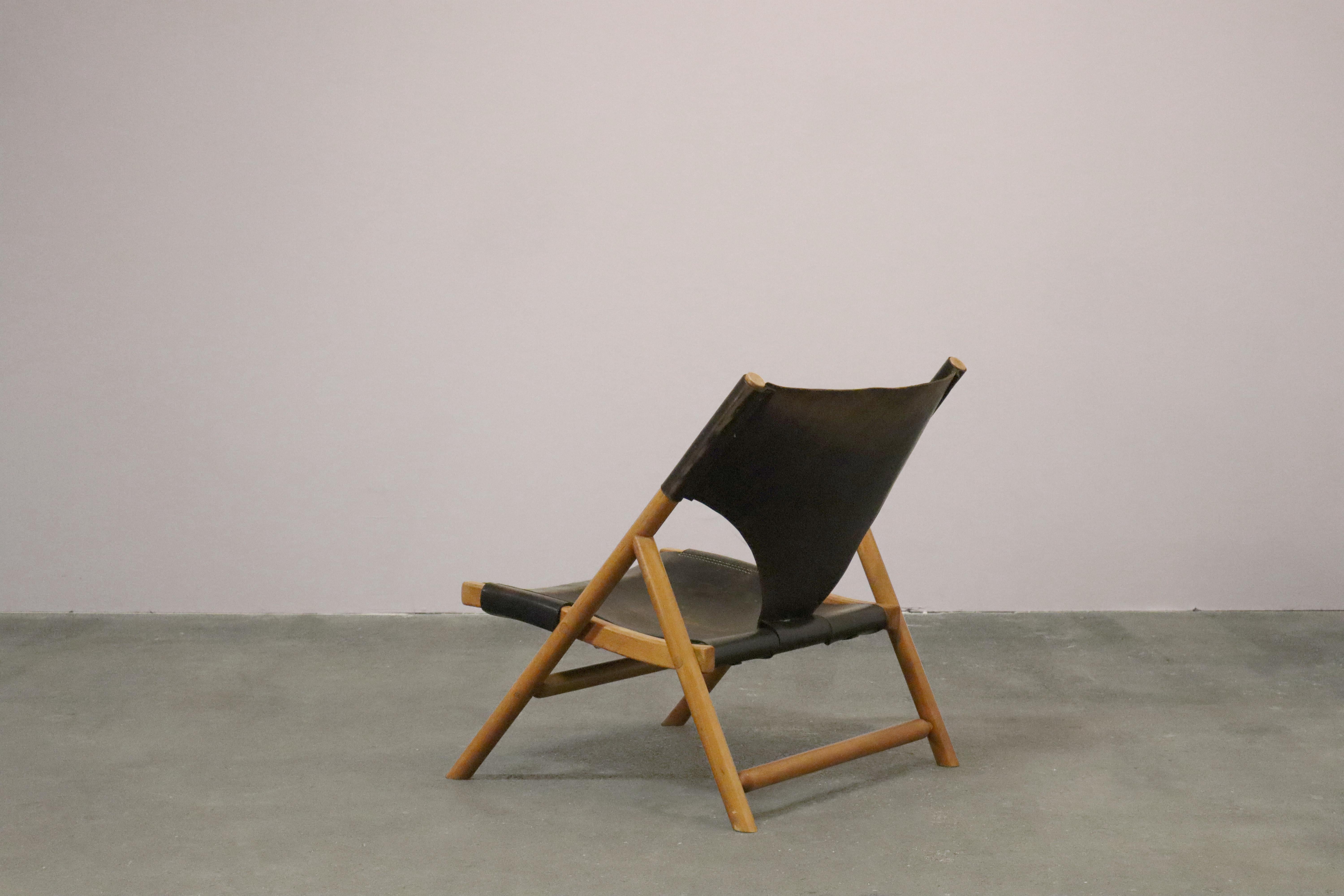 Scandinavian Modern Lounge Chair  Patinated Black Saddle Leather  Wegner Style 3