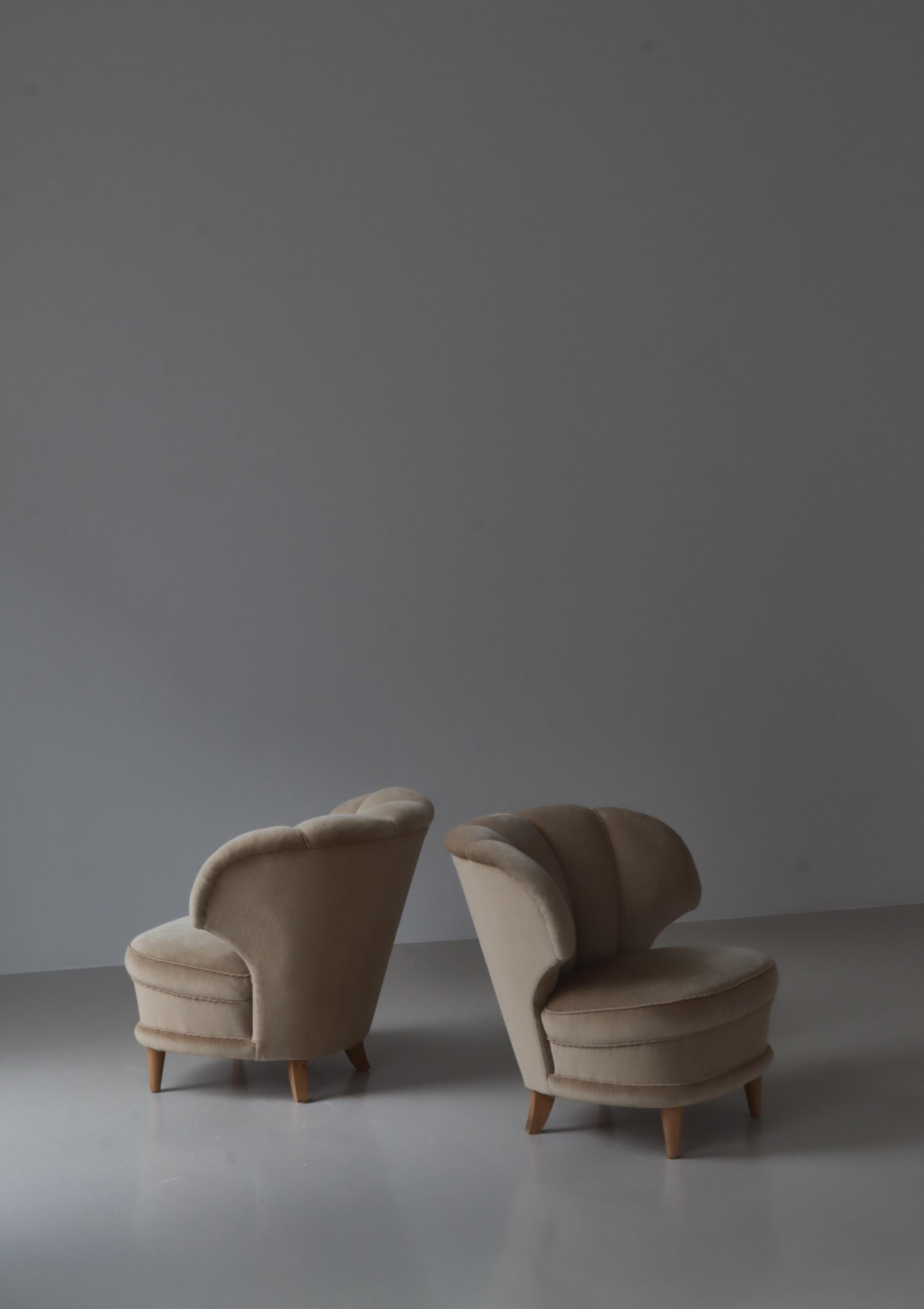 Finnish Scandinavian Modern Lounge Chairs Beige Suede Carl Johan Boman, Finland, 1940s