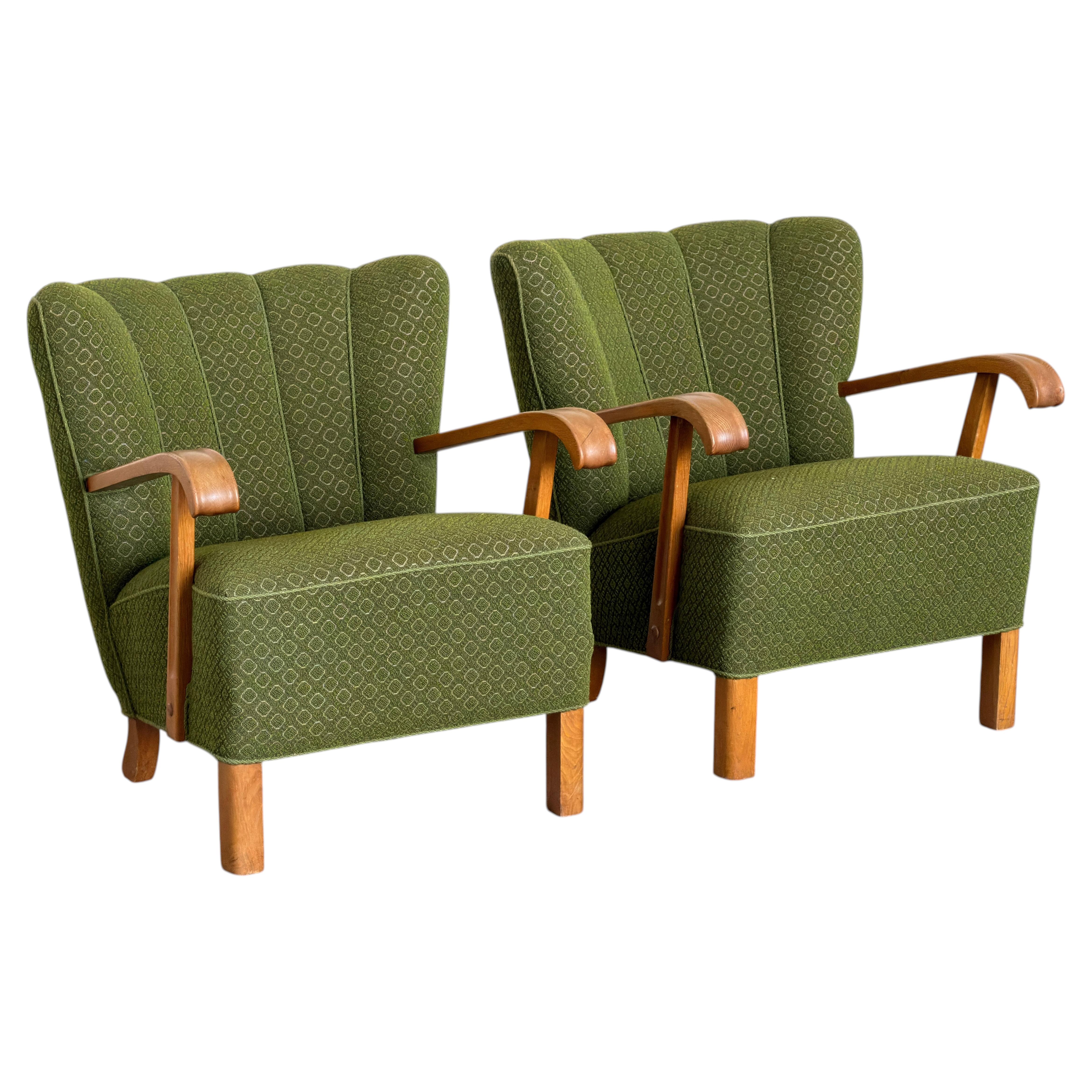 Scandinavian Modern, Lounge Chairs in Green Wool, 1940s, set of 2