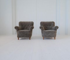 Skandinavisch-moderne Loungesessel aus grauem/schwarzem Schafsleder Shearling Schweden, 1940