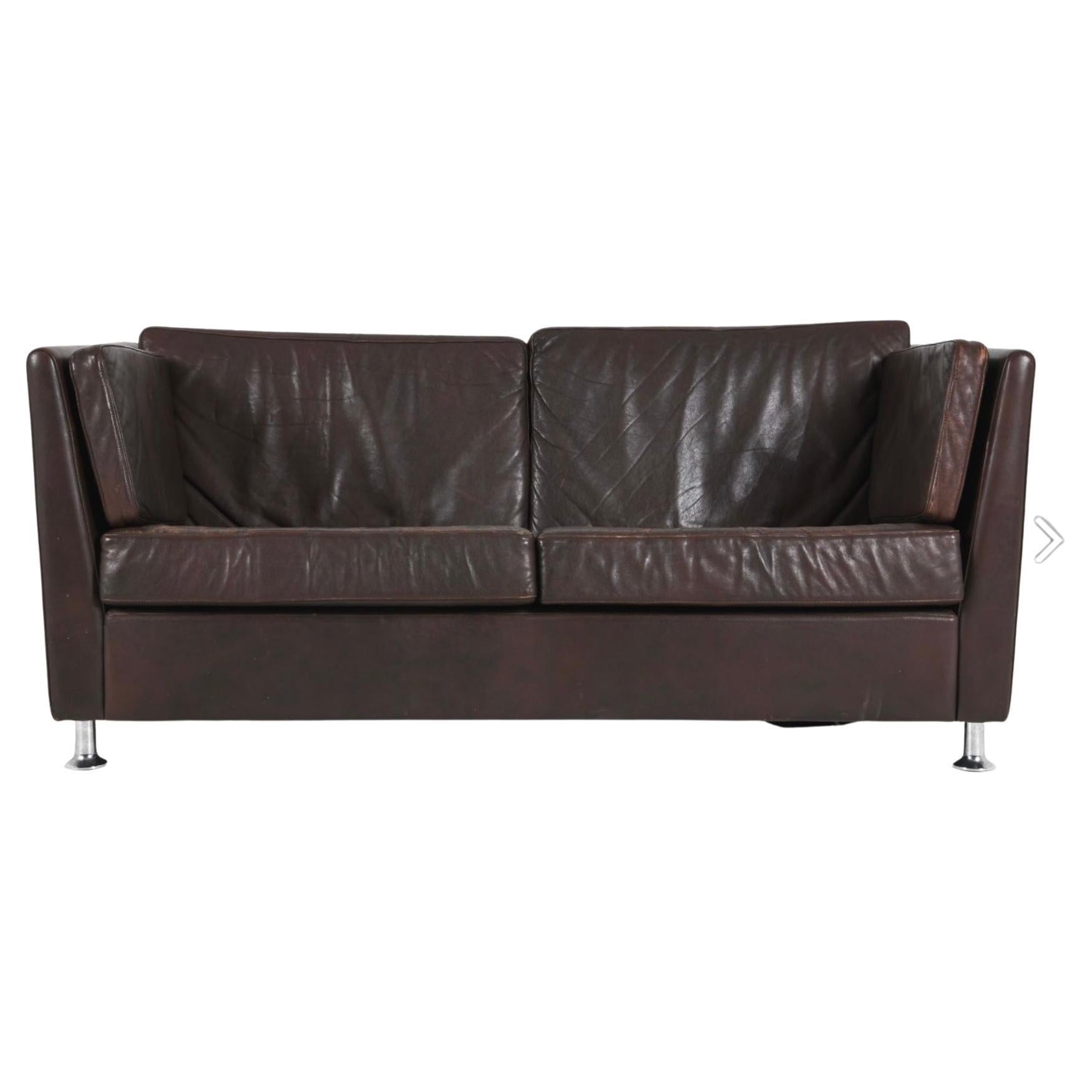 Scandinavian Modern Low Brown Leather Loveseat Sofa with Chrome Legs