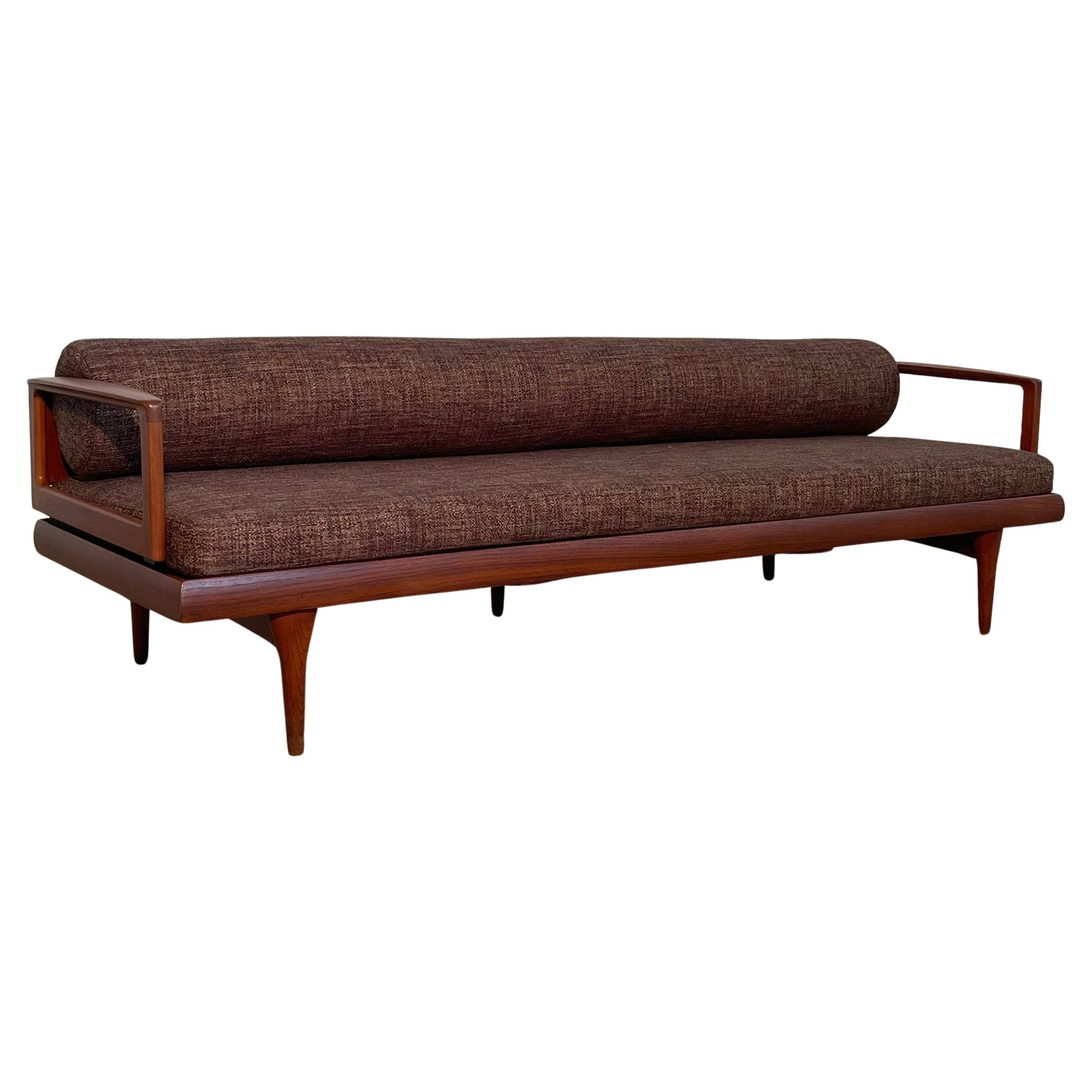 Scandinavian Modern Low Teak Upholstered Sofa For Sale
