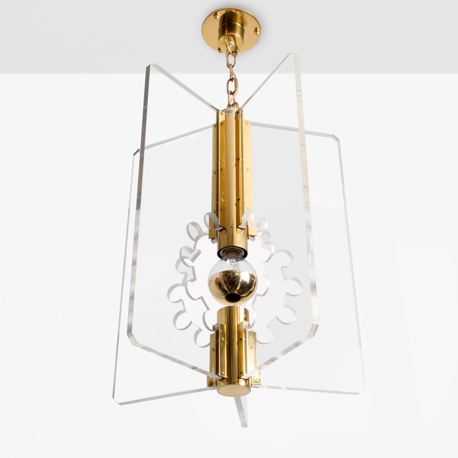 Scandinavian Modern polished brass pendant with five-Lucite panels featuring a 