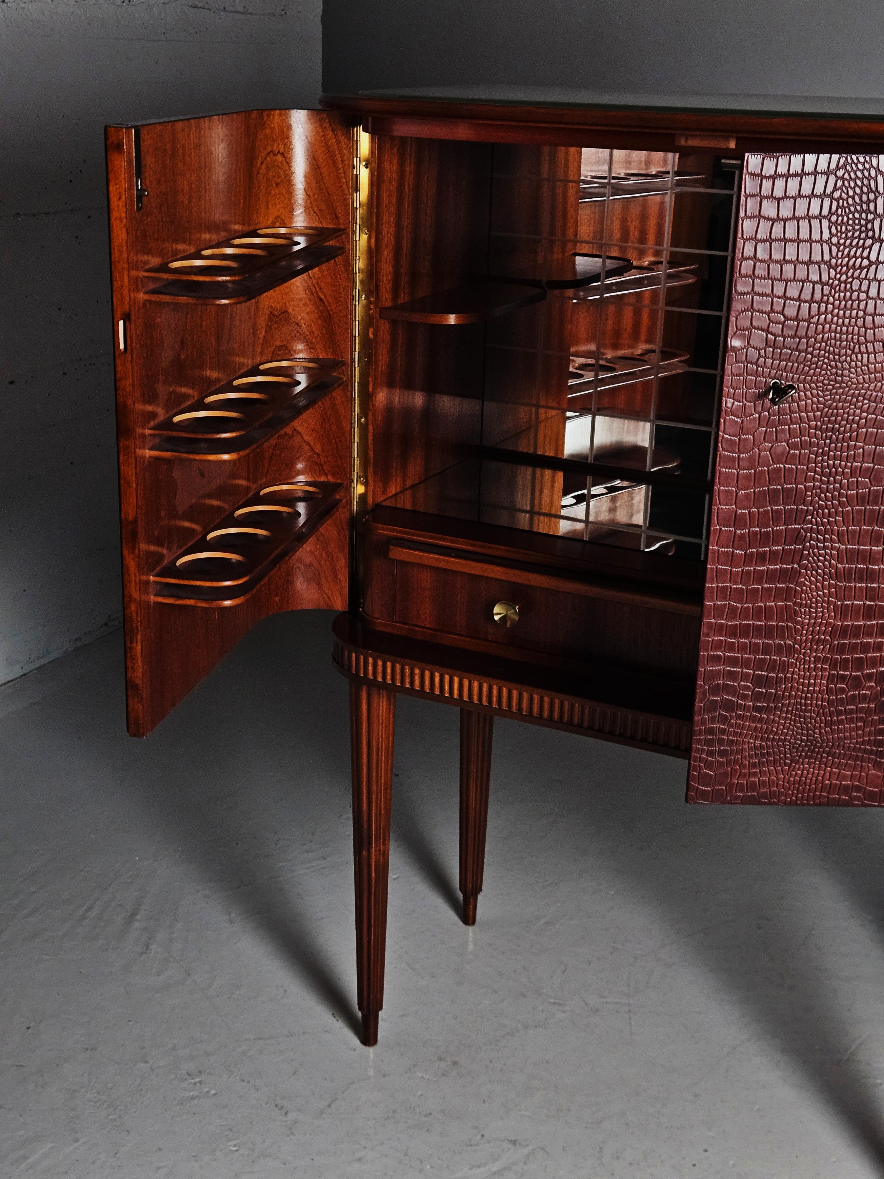 20th Century Scandinavian modern mahogany and leather bar cabinet, Sweden, 1950s For Sale