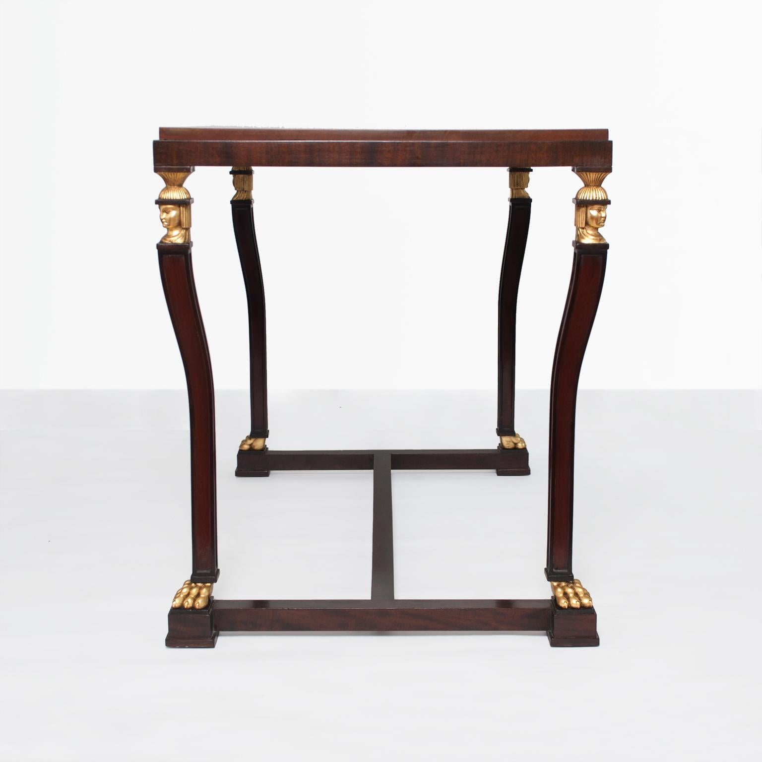 Polished Scandinavian Modern Mahogany Console Table with Parcel-Gilt Carved Caryatids