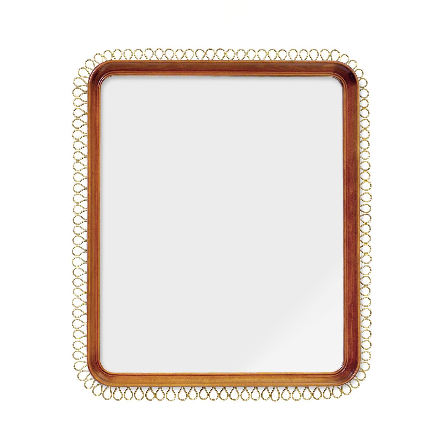 Scandinavian Modern solid mahogany mirror with rounded corners and decorated with an exterior bent brass border. Made by NK (Nordiska Kompaniet) Stockholm, Sweden.
 
Measures: Height 31.5