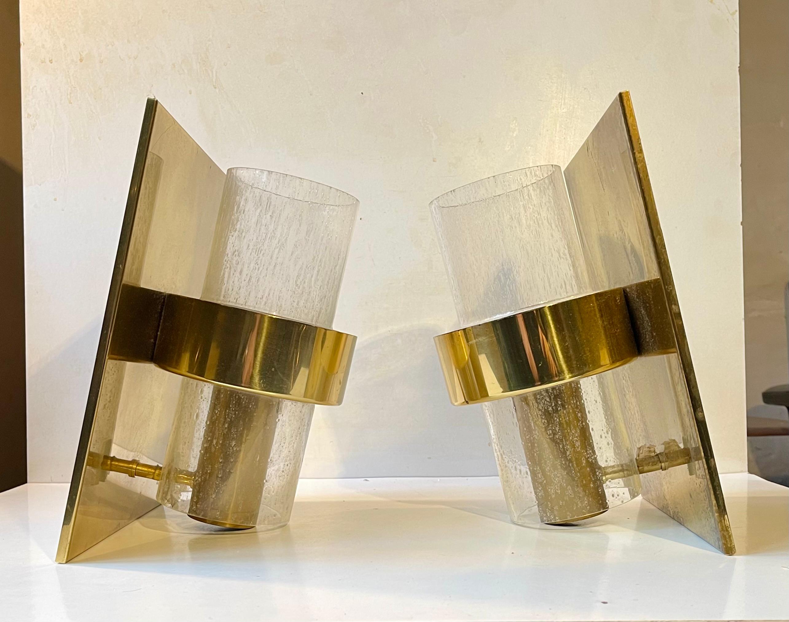 Norwegian Scandinavian Modern Maritime Wall Sconces in Brass & Glass by Jonas Hidle, 1970s For Sale