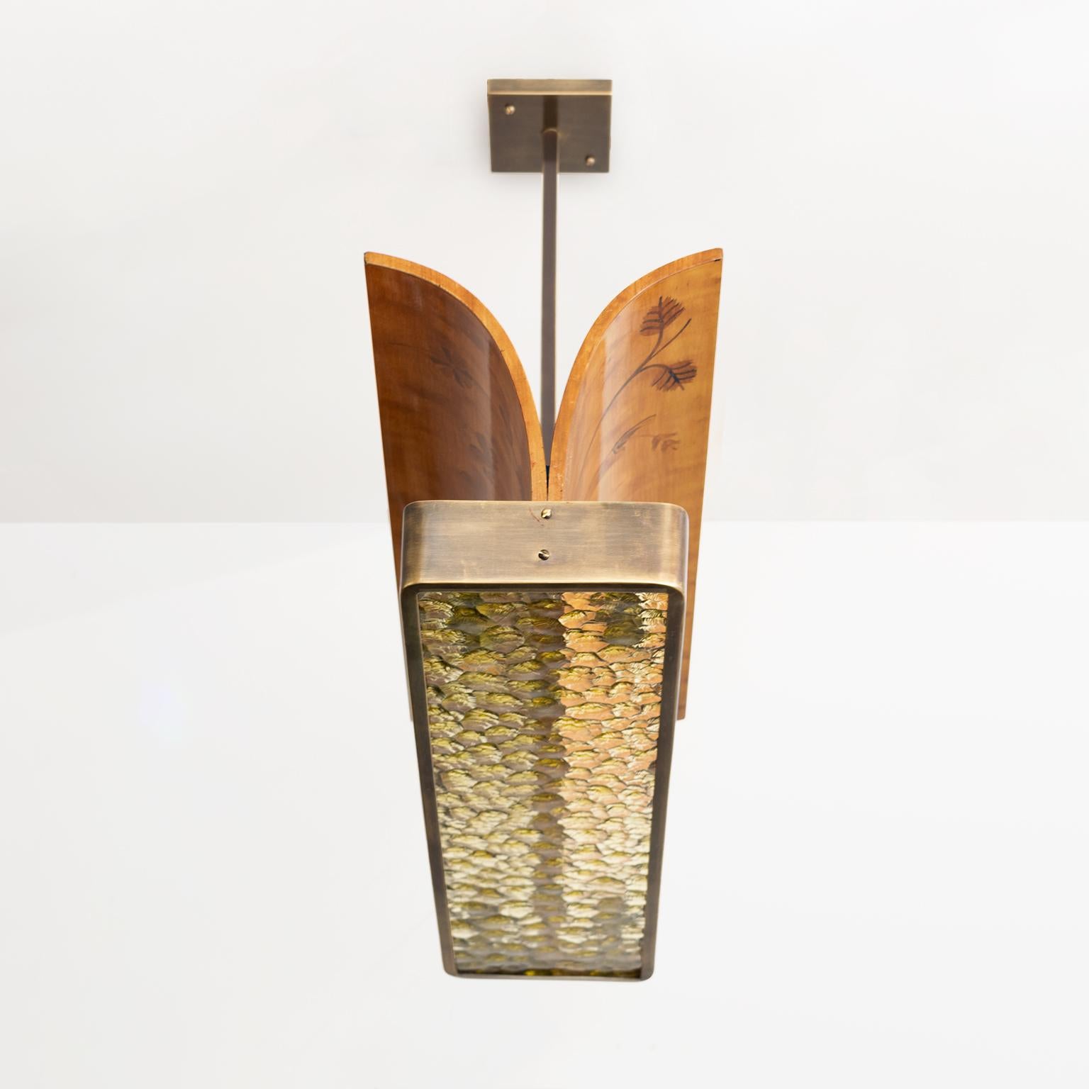 Scandinavian Modern marquetry wood and patinated brass pendant by Reiners Möbler 1