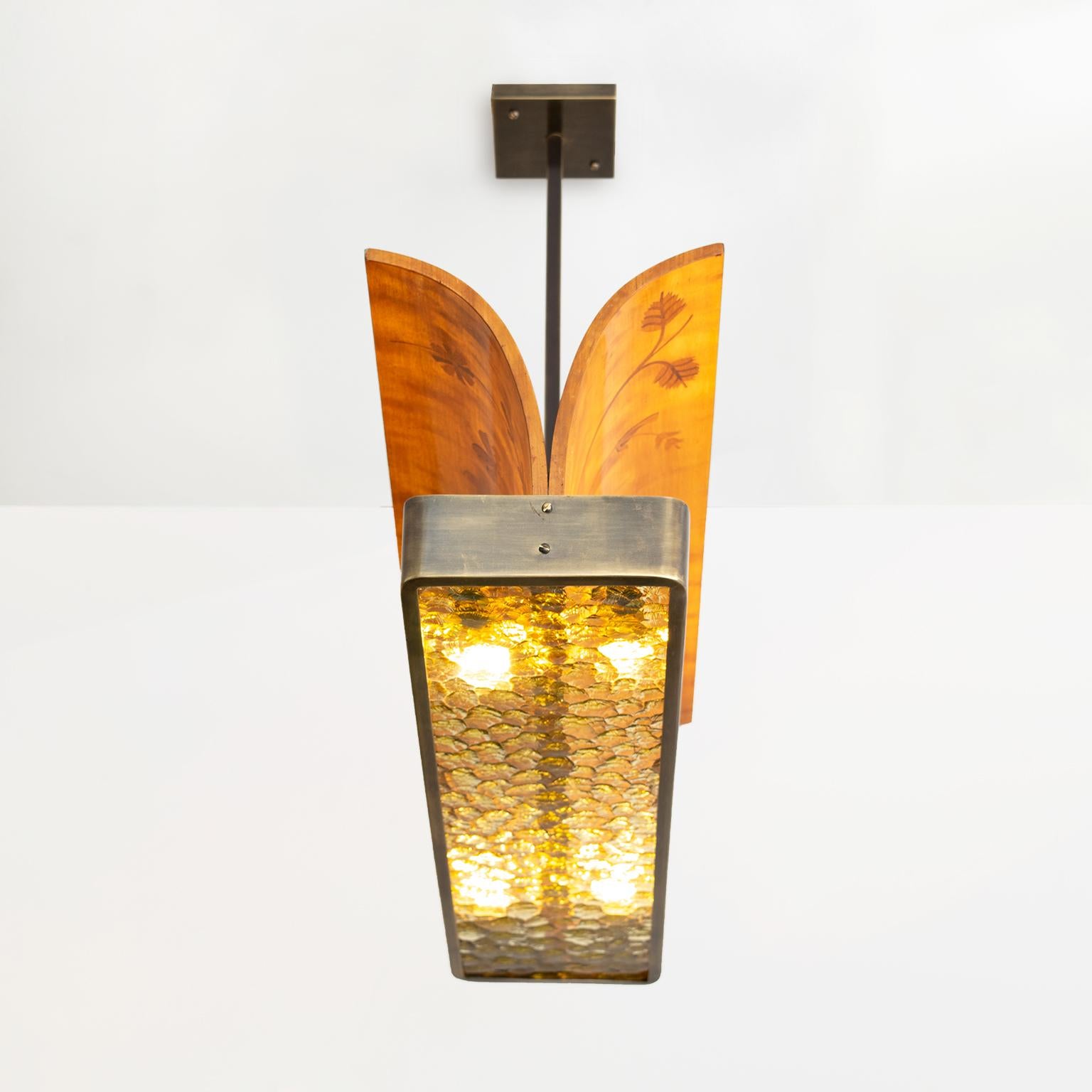 Scandinavian Modern marquetry wood and patinated brass pendant by Reiners Möbler 2
