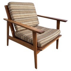 Scandinavian Modern MCM Walnut Framed Armchair with Striped Cushions
