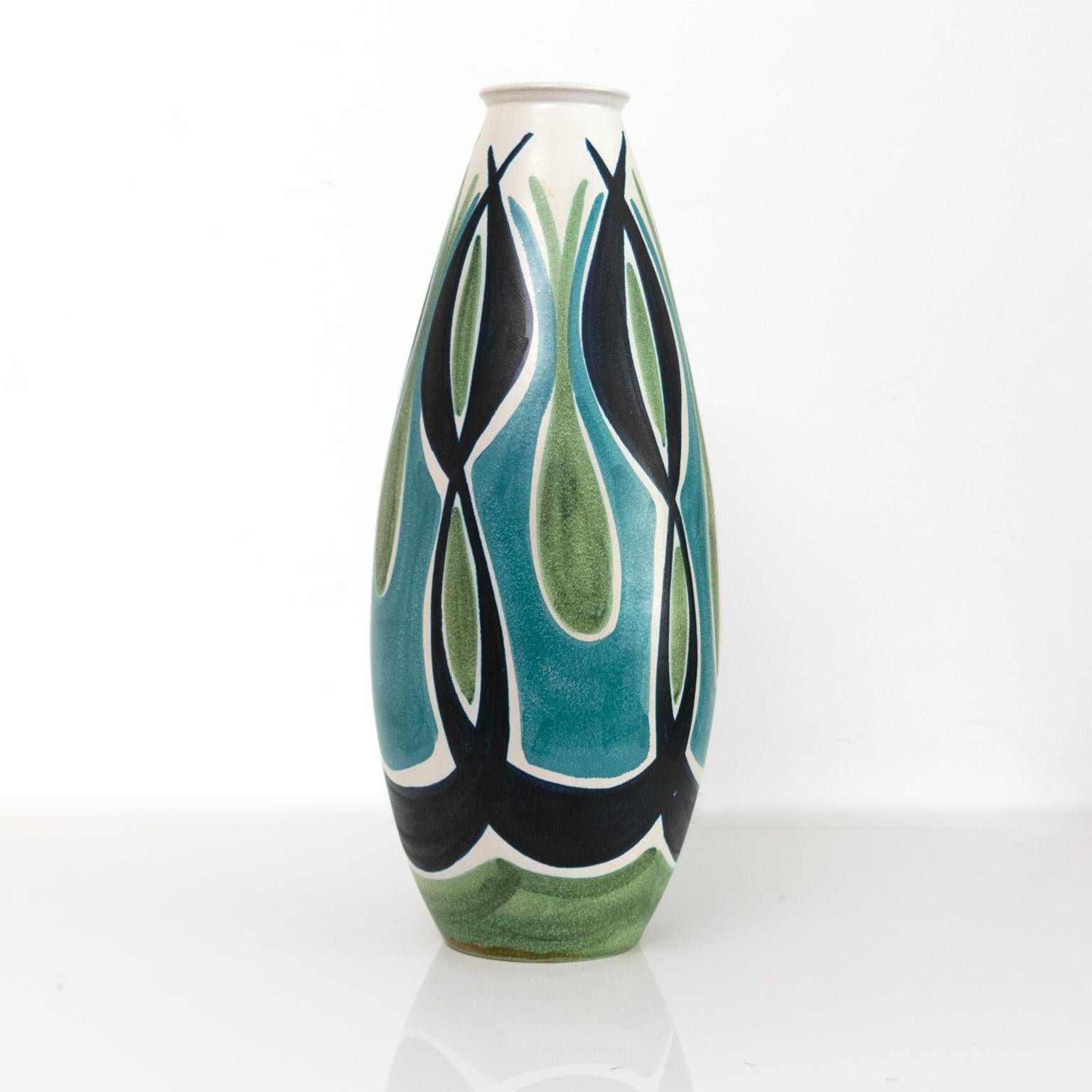 Large Scandinavian Modern ceramic vase with abstract in blue and green design by Mette Doller and form designed by Ivar Ericsson for Hoganas, Sweden.