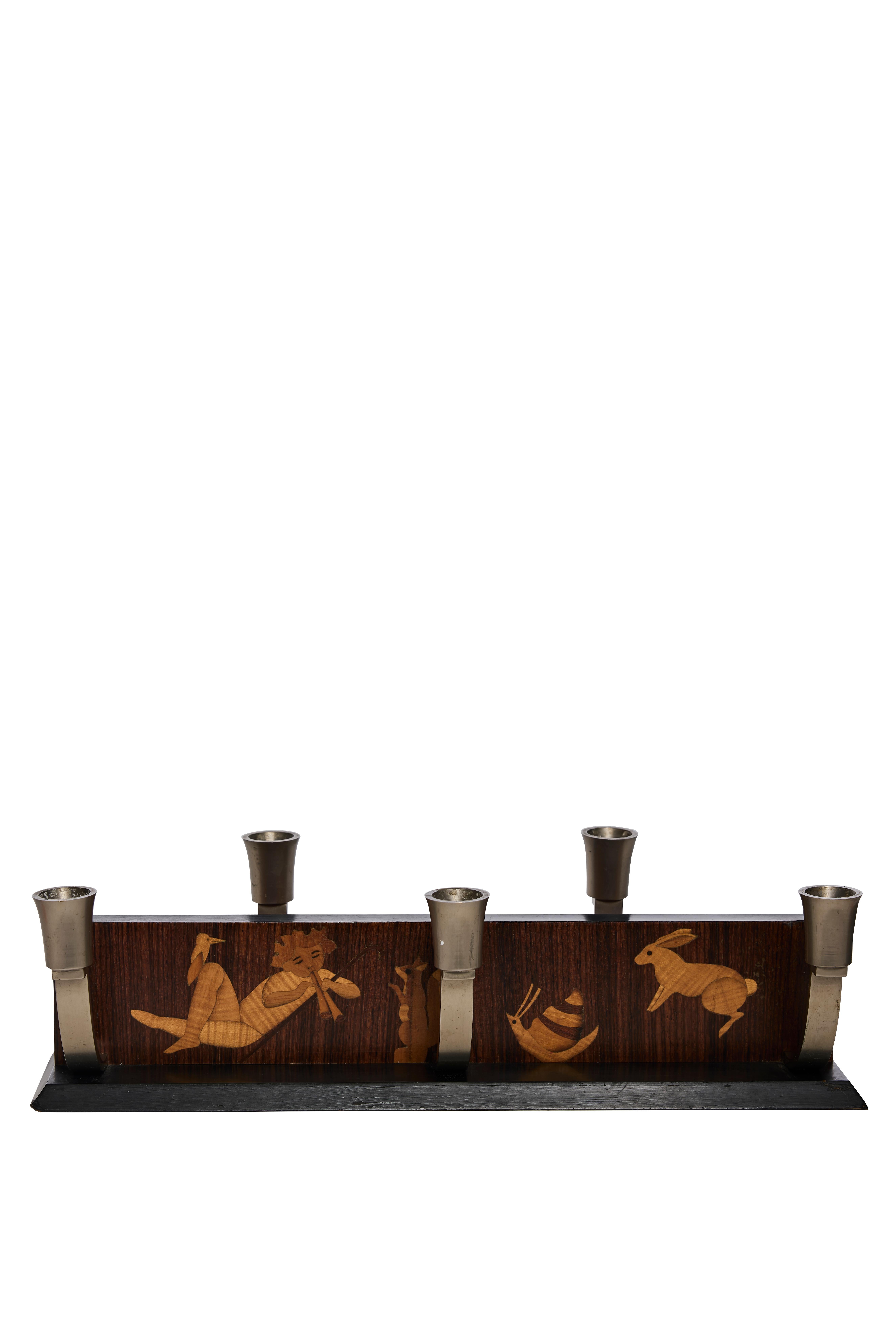 Swedish Scandinavian Modern “Mjölby Intarsia” Advent Candleholder in Inlaid Wood, 1940s For Sale