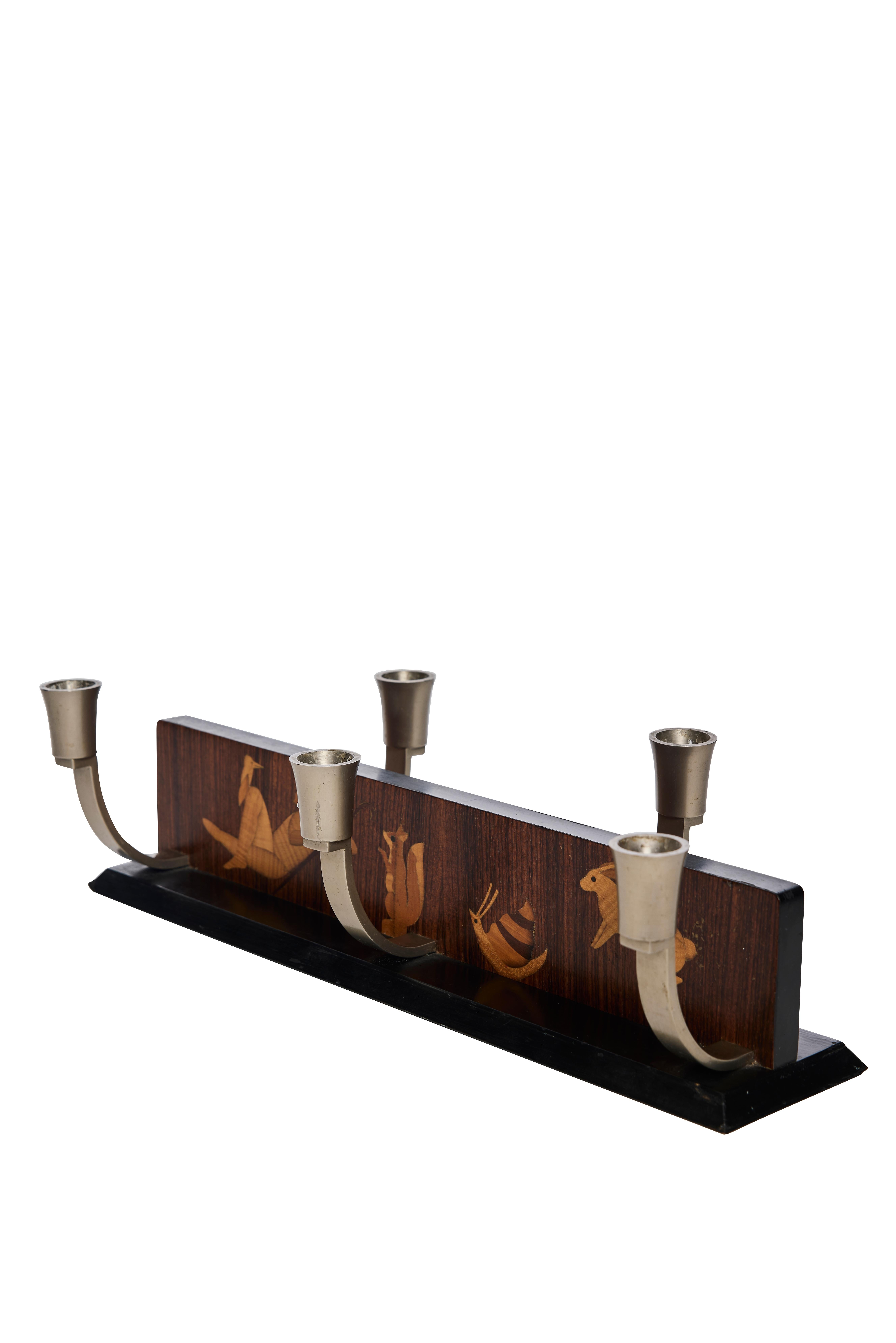 Scandinavian Modern “Mjölby Intarsia” Advent Candleholder in Inlaid Wood, 1940s In Good Condition For Sale In Göteborg, SE
