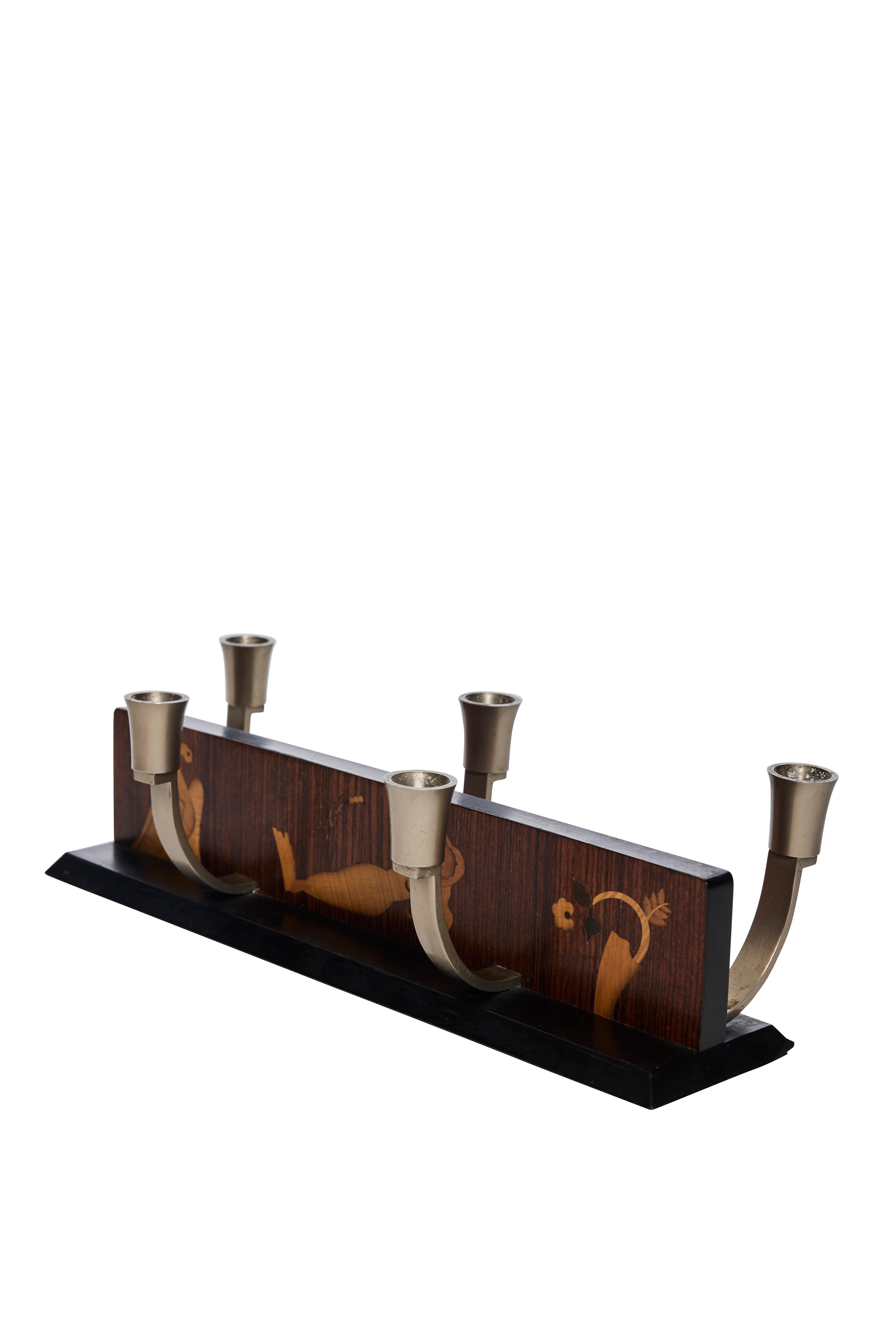 Mid-20th Century Scandinavian Modern “Mjölby Intarsia” Advent Candleholder in Inlaid Wood, 1940s For Sale