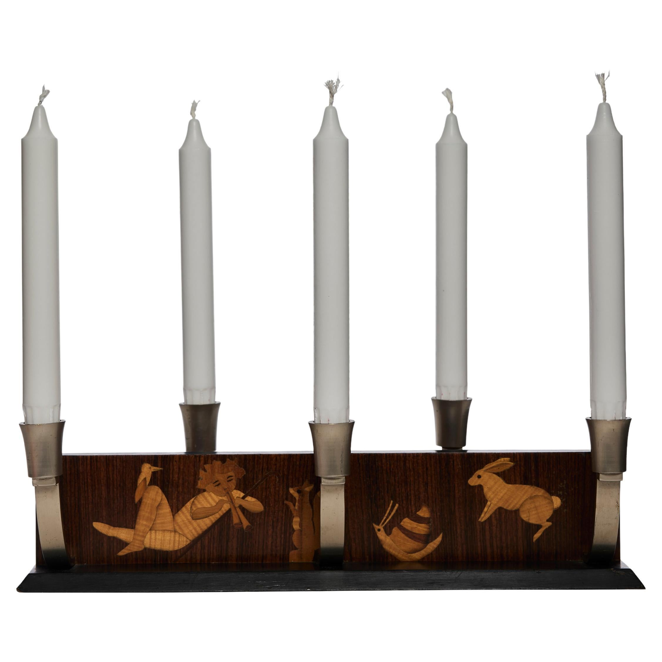 Scandinavian Modern “Mjölby Intarsia” Advent Candleholder in Inlaid Wood, 1940s For Sale