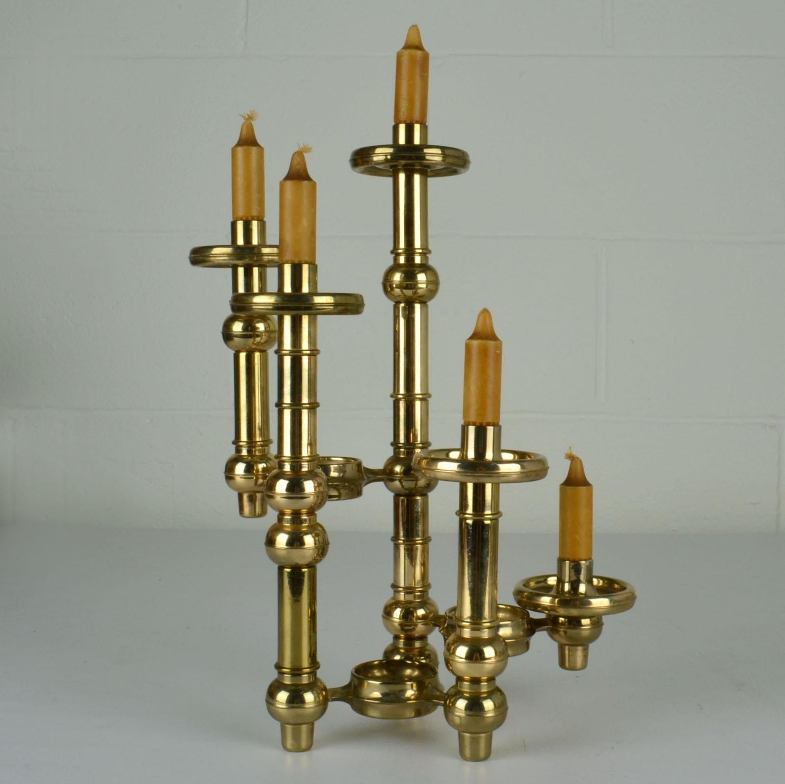 Scandinavian Modern Modular Brass Candelabra with Glass Shades For Sale 7