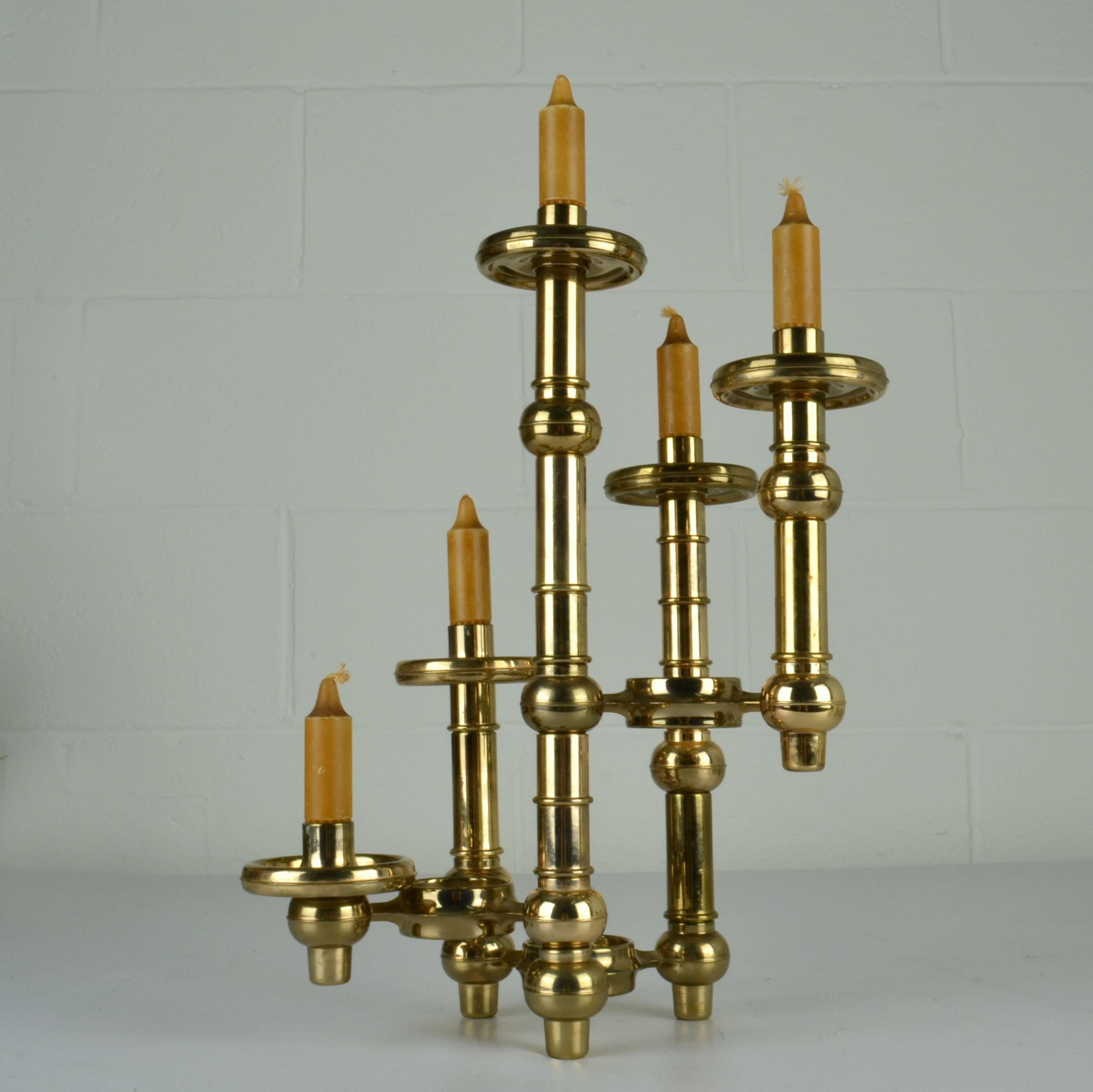 Scandinavian Modern Modular Brass Candelabra with Glass Shades For Sale 8