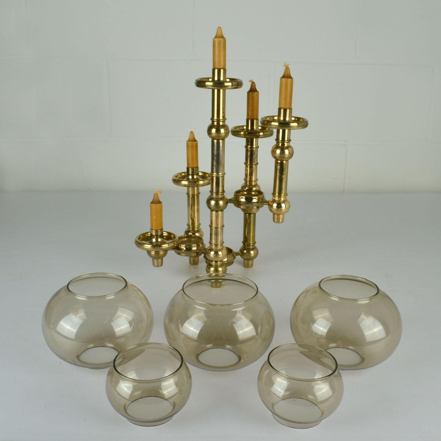 Scandinavian Modern Modular Brass Candelabra with Glass Shades For Sale 9