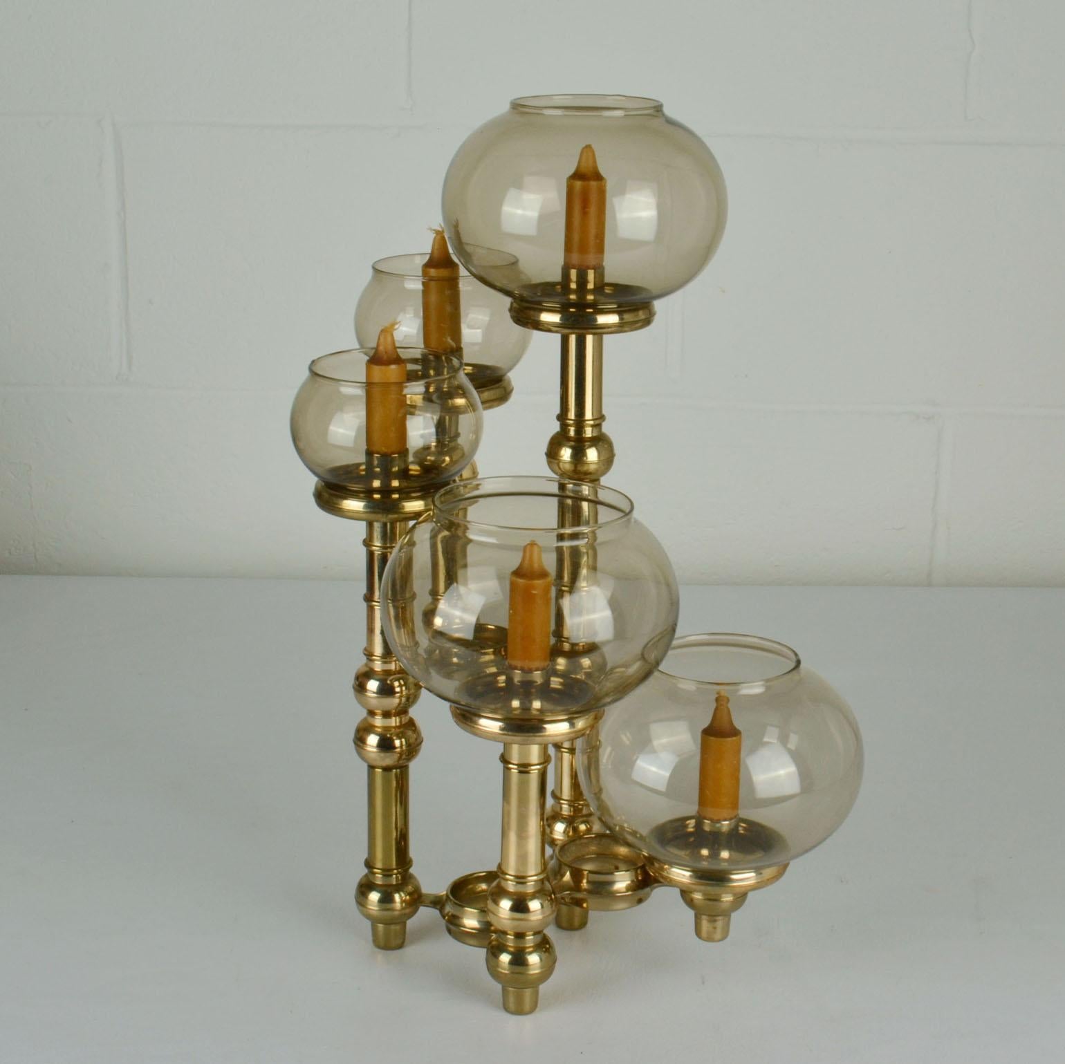 Scandinavian Modern Modular Brass Candelabra with Glass Shades In Excellent Condition For Sale In London, GB