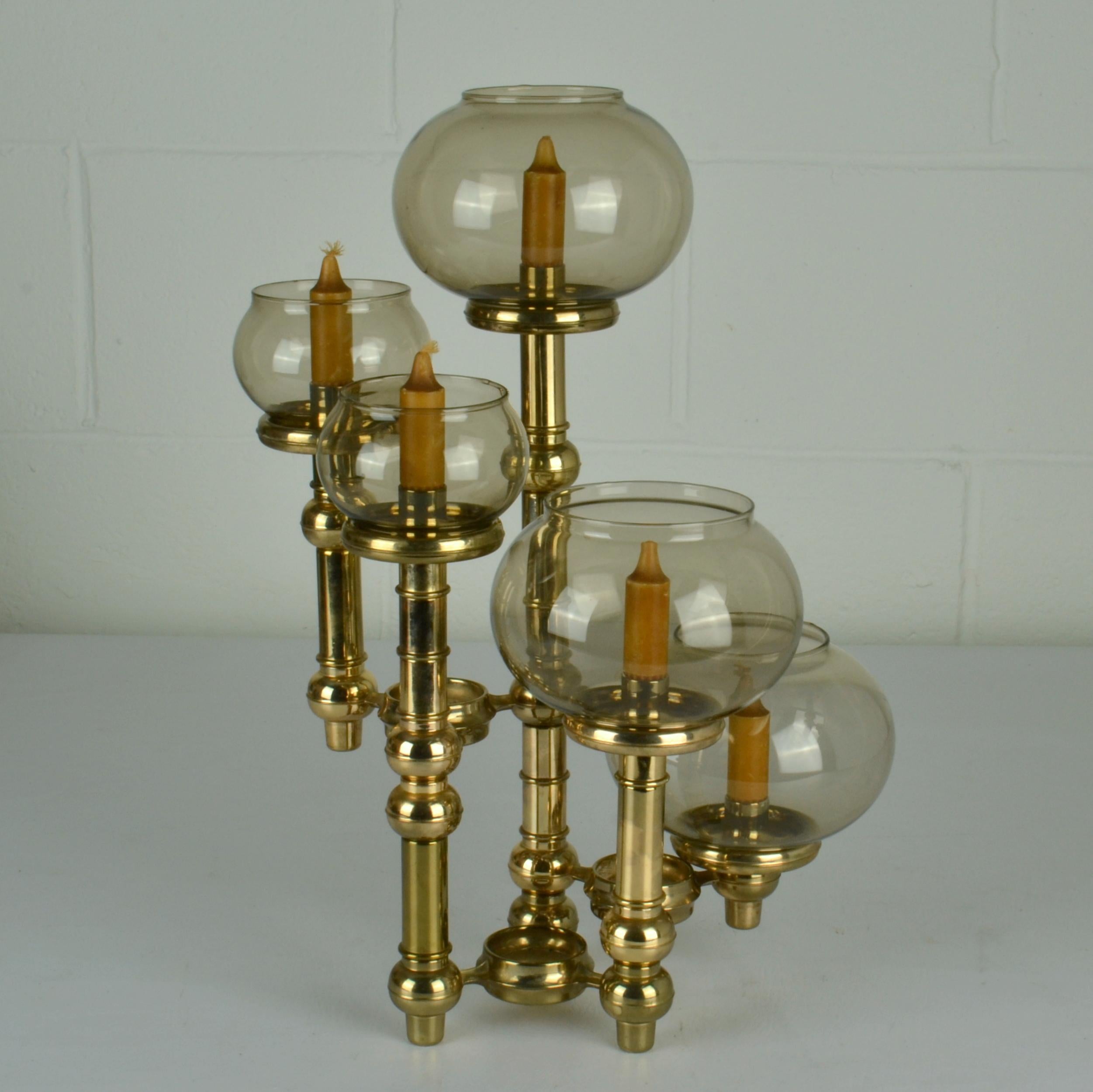 Mid-20th Century Scandinavian Modern Modular Brass Candelabra with Glass Shades For Sale