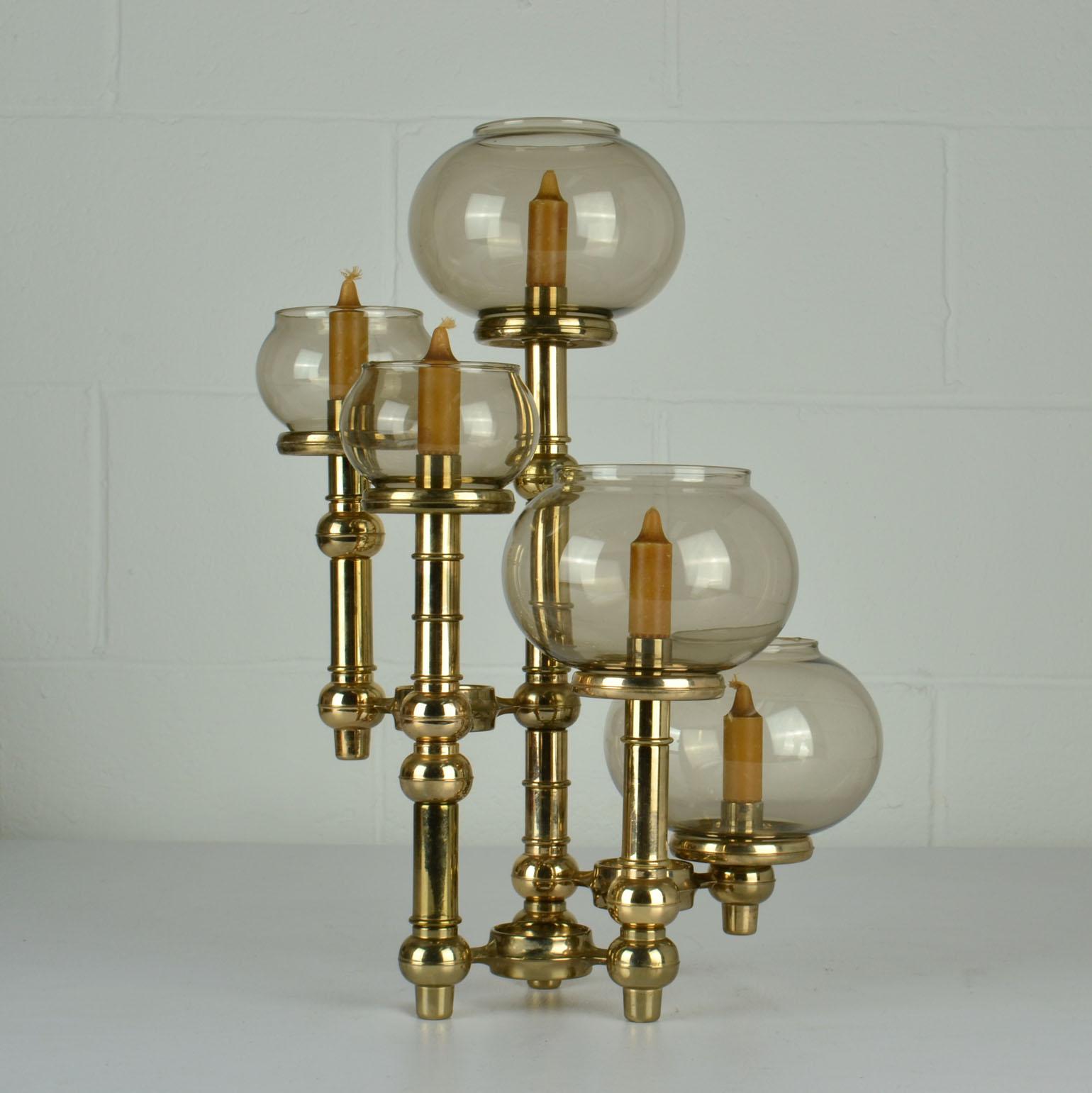 Swedish Scandinavian Modern Modular Brass Candelabra with Glass Shades For Sale