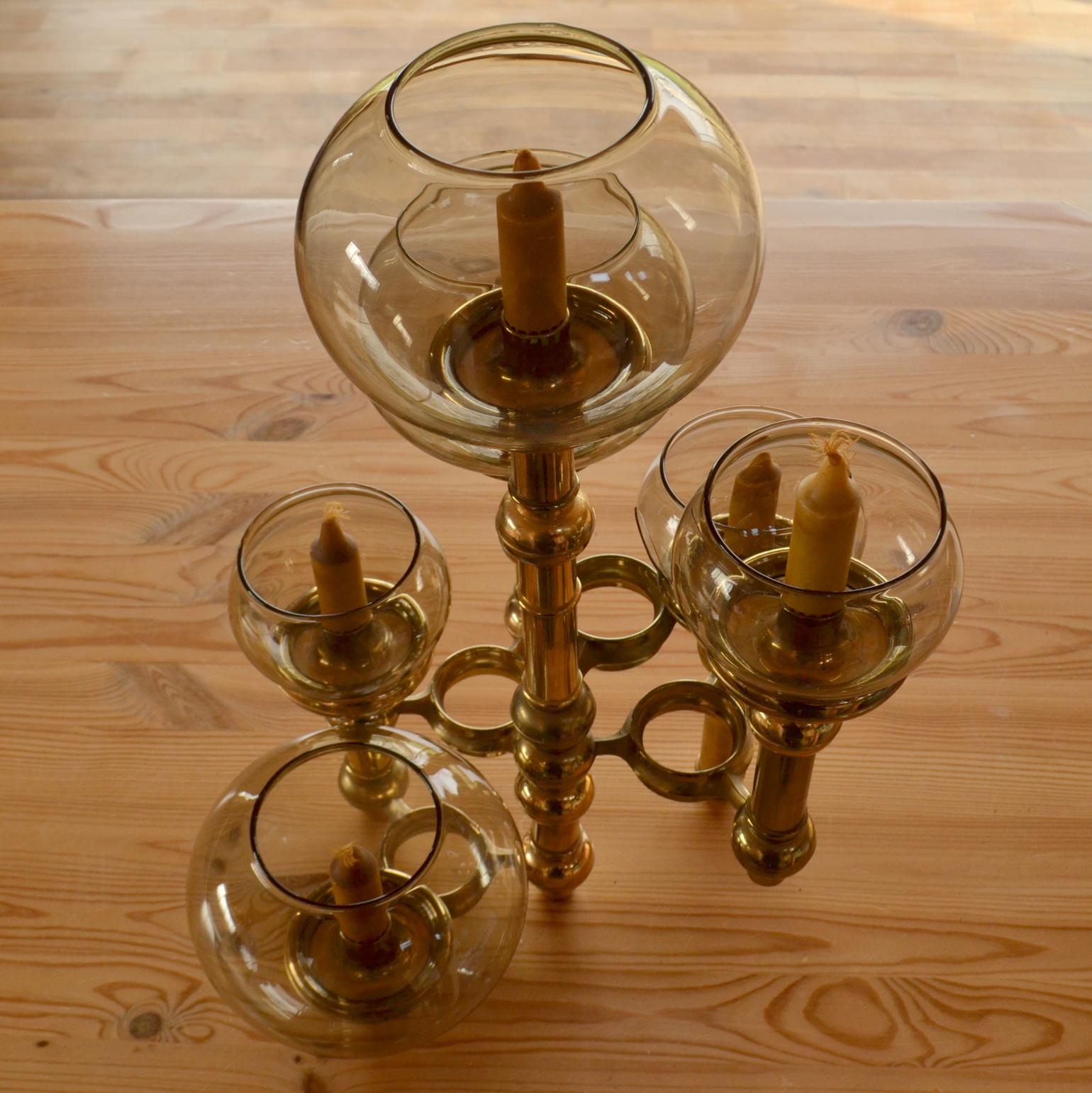 Scandinavian Modern Modular Brass Candelabra with Glass Shades For Sale 5