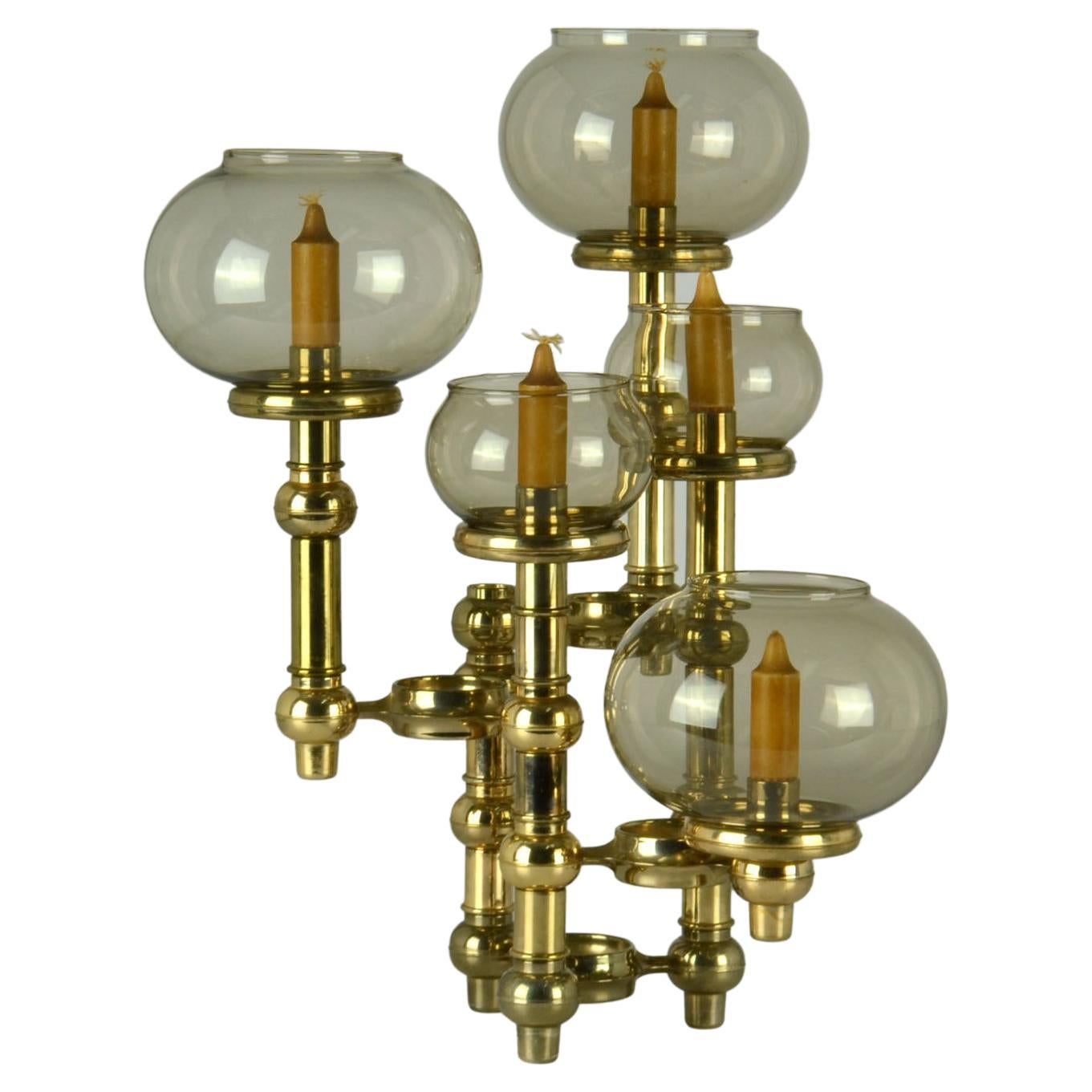Scandinavian Modern Modular Brass Candelabra with Glass Shades For Sale