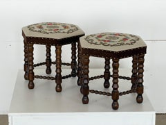 Scandinavian Modern Needlepoint Tapestry Stools, Bobbin-Turned Legs, 1950s