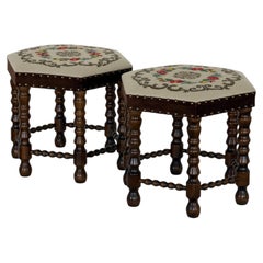 Scandinavian Modern Needlepoint Tapestry Stools, Bobbin-Turned Legs, 1950s