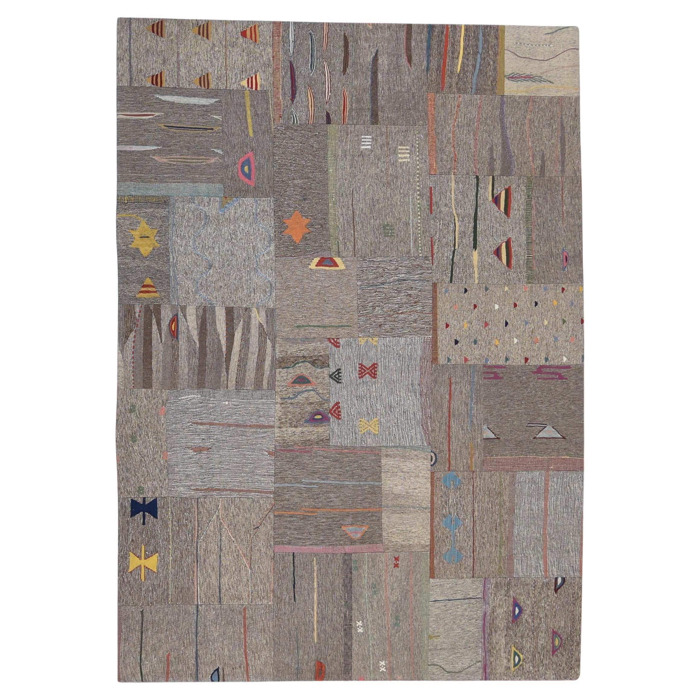 Scandinavian Modern Nutral Toned with Vibrant Accents Wool Rug 5'x8'