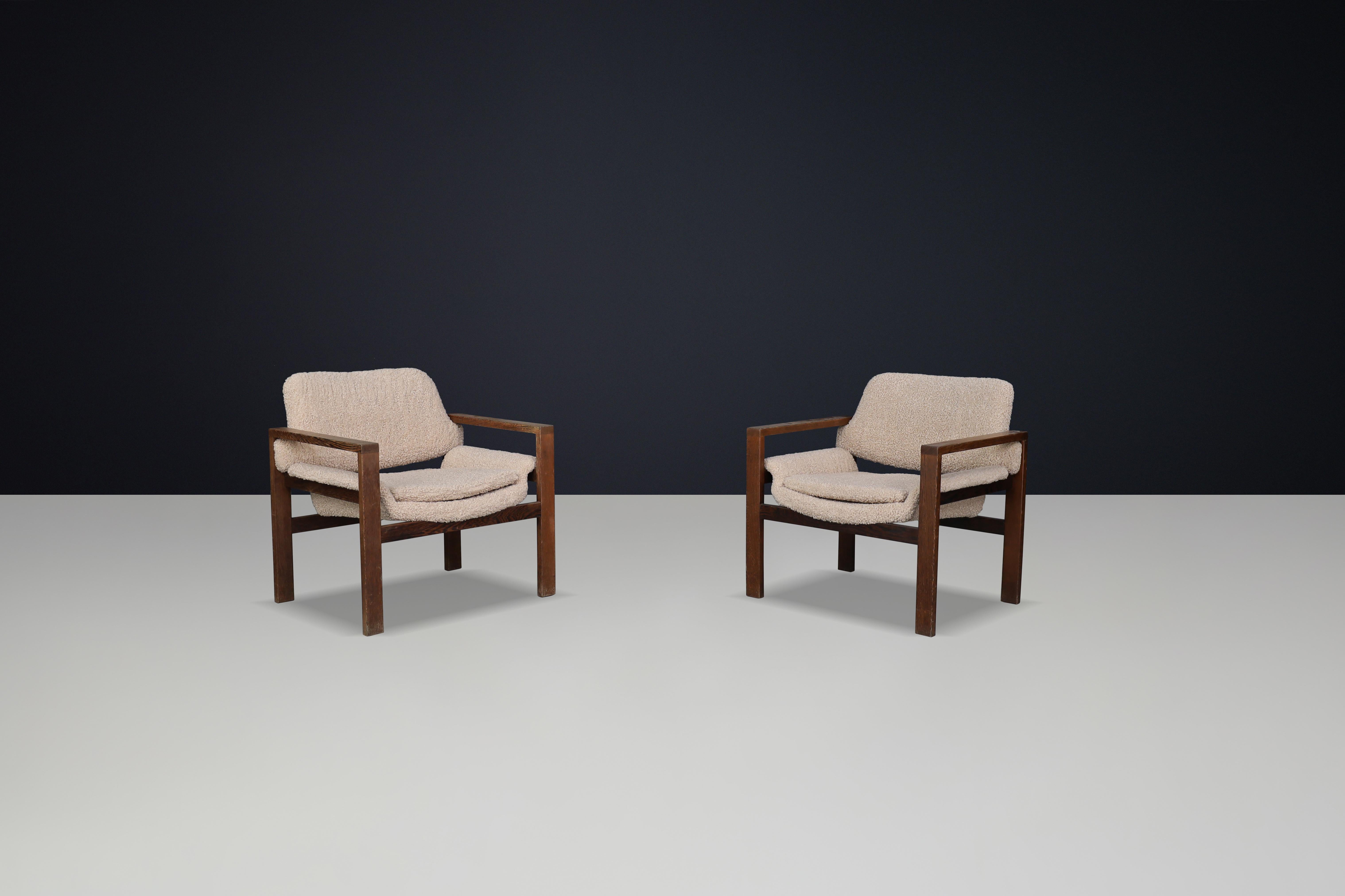 Finnish Scandinavian Modern Oak Armchairs with Teddy Upholstery, Finland, 1960s For Sale