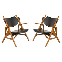 Scandinavian Modern Oak & Leather Low Arm Chairs, Denmark 1950s