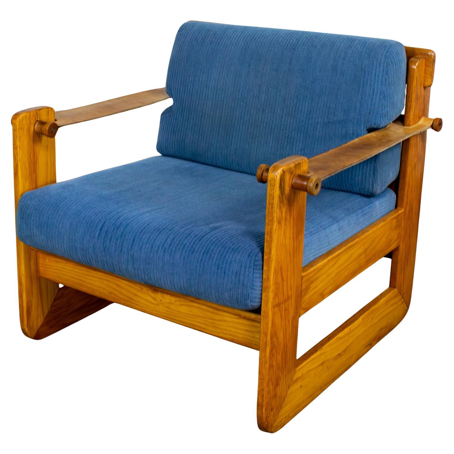 Scandinavian Modern Oak Safari Sling Club Armchair Tan Leather Arms Blue Fabric For Sale