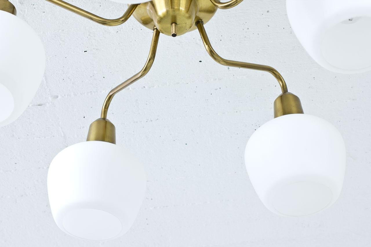 Scandinavian Modern Opaline Glass & Brass Ceiling Lamp by Hans Bergström, Sweden 1