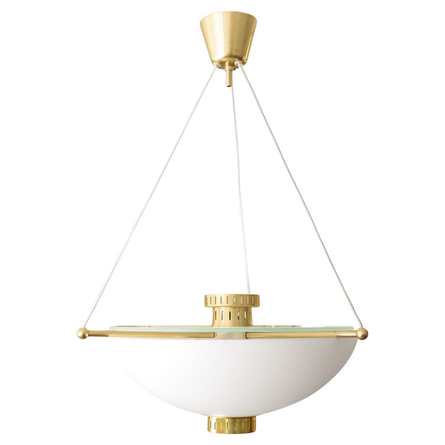 Scandinavian modern opaline glass half globe pendant with brass elements 1950