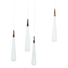 Scandinavian Modern Opaline Glass & Teak "Droppe" Pendants Lamp by Luxus, Sweden
