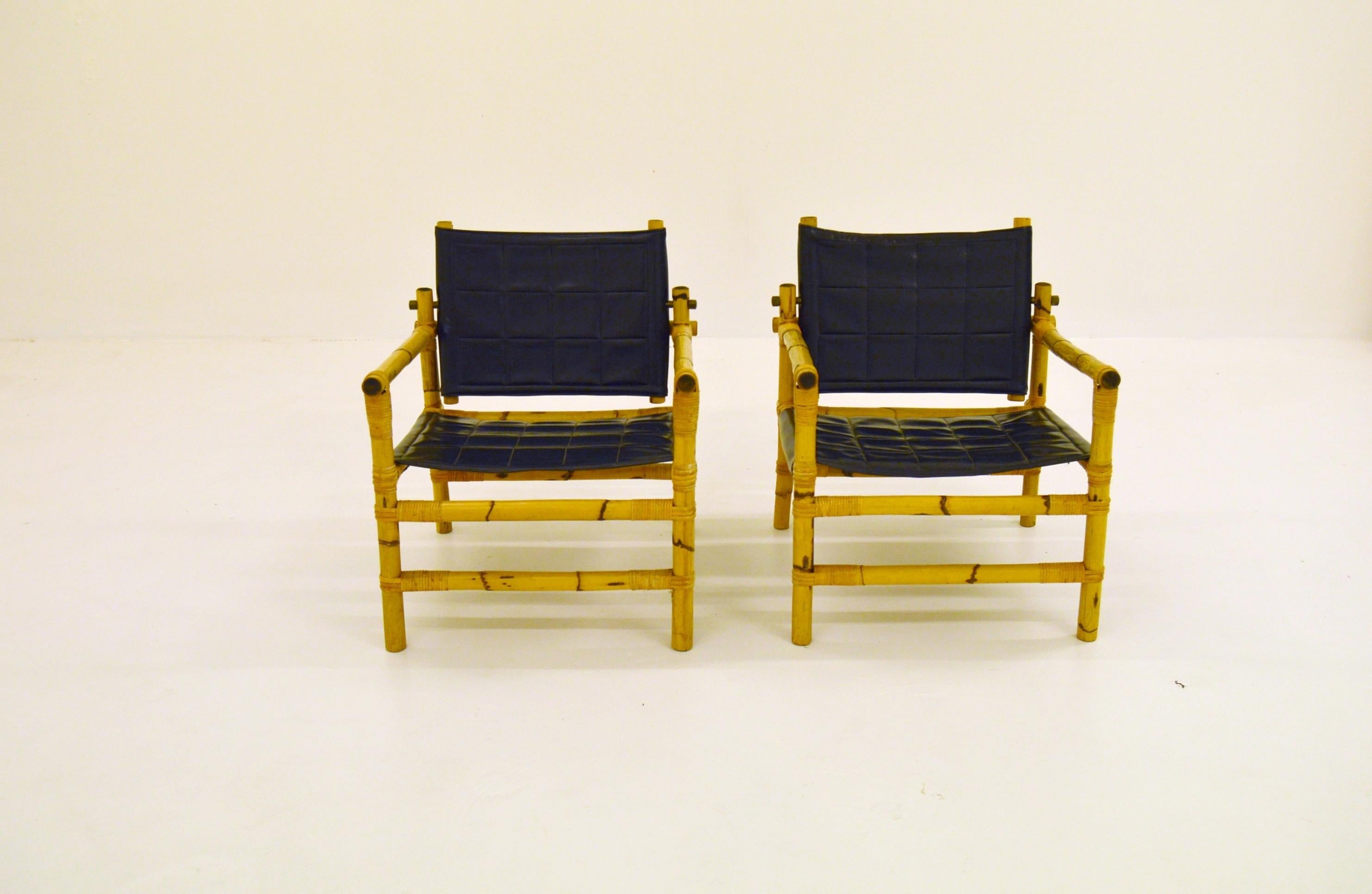 Bamboo, rattan, leatherette and brass makes the perfect match, these chairs adds some djungle or safari feeling to the room. 
Produced in the 1960s or 1970s, most likely in Sweden or Denmark. Scandinavian modern period.
They are like a djungle