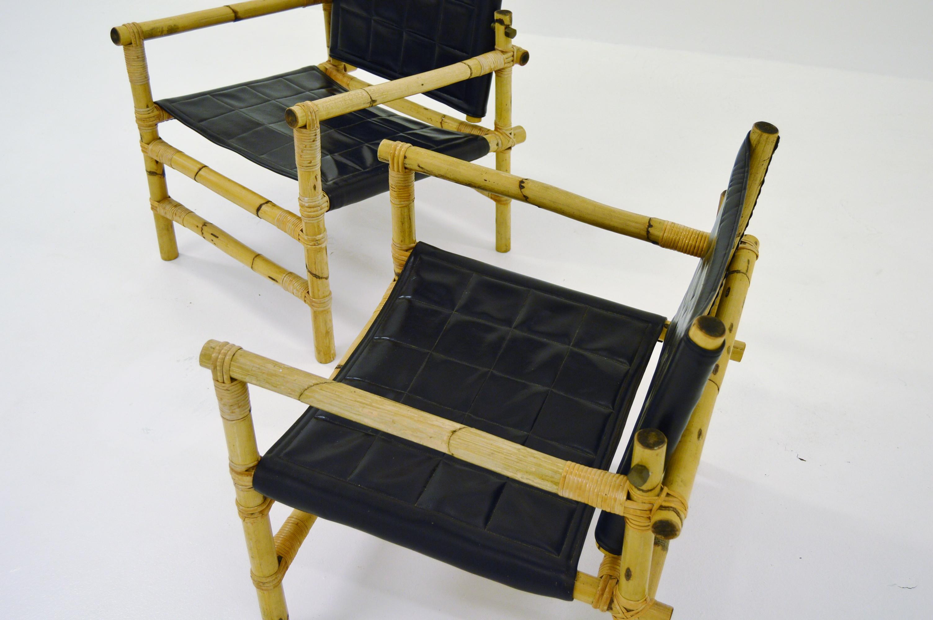 20th Century Scandinavian Modern Pair Bamboo and Rattan Safari Chairs For Sale