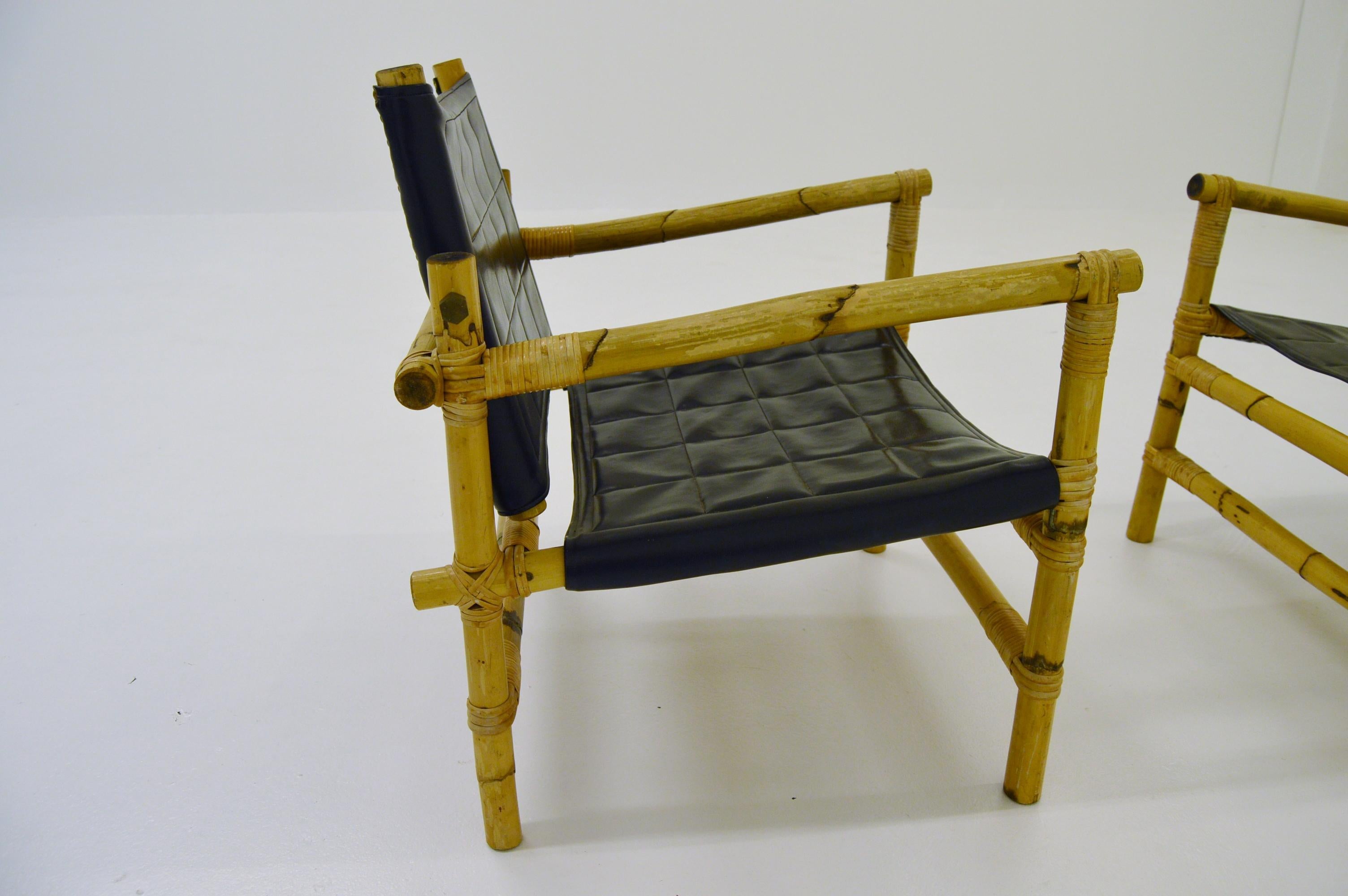 Brass Scandinavian Modern Pair Bamboo and Rattan Safari Chairs For Sale