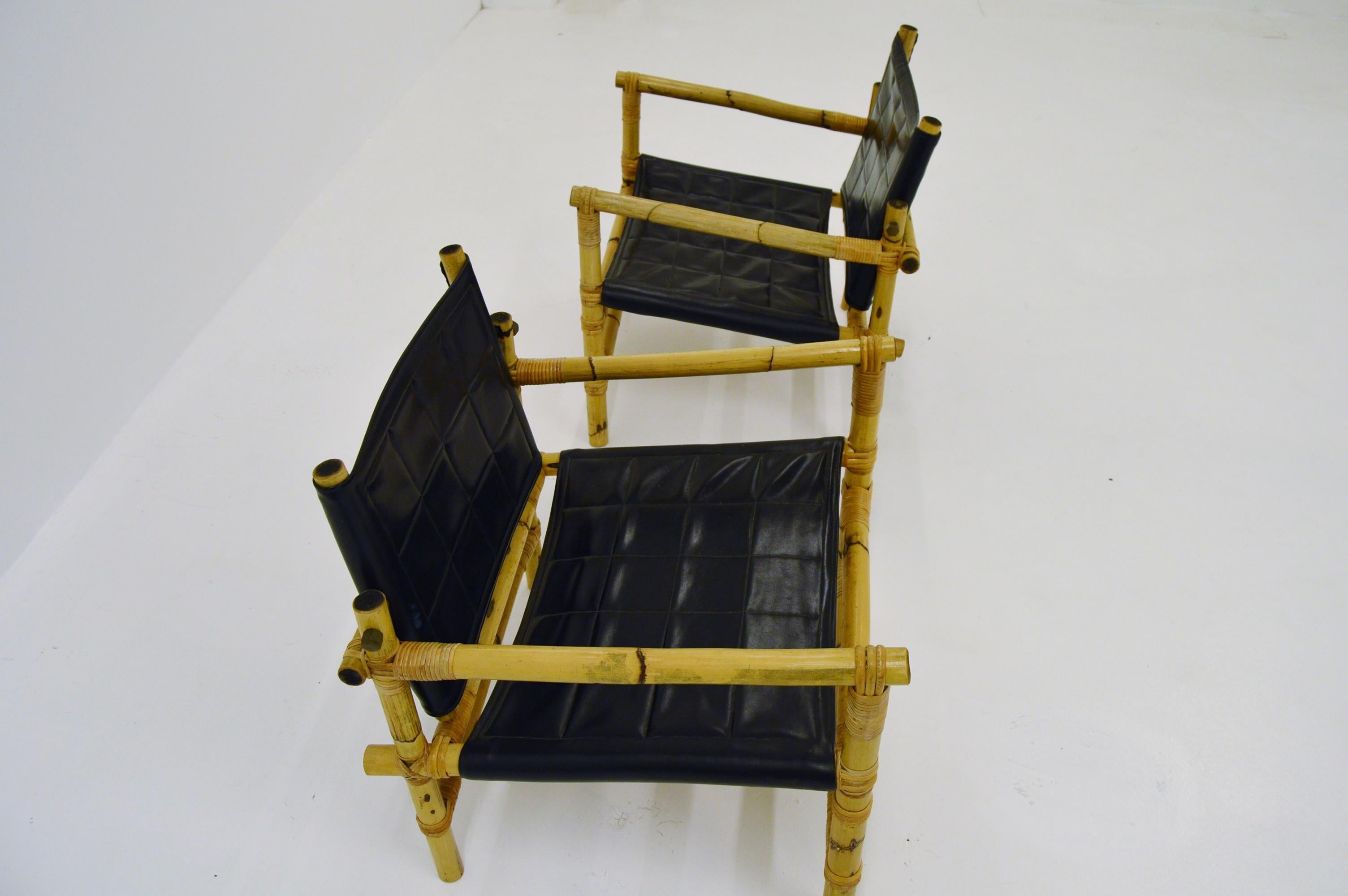 Scandinavian Modern Pair Bamboo and Rattan Safari Chairs For Sale 2