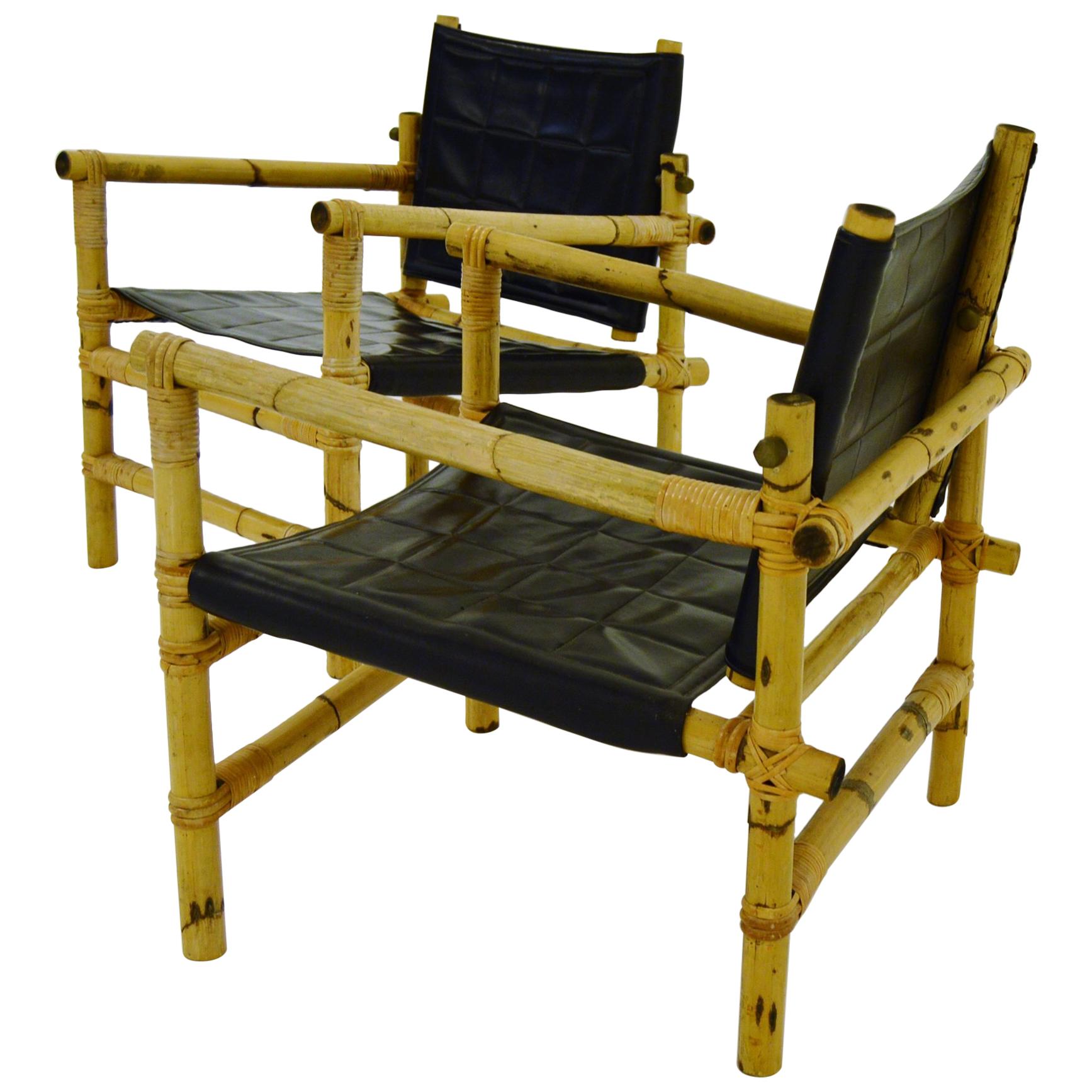 Scandinavian Modern Pair Bamboo and Rattan Safari Chairs For Sale