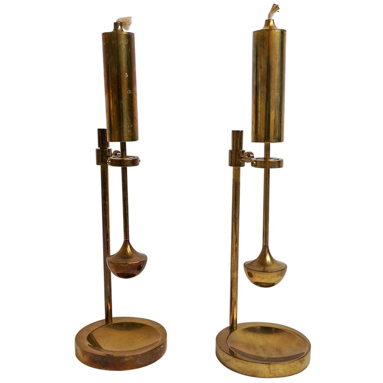 Pair of Danish brass gyroscope oil lamps, 1960s, offered by Balder Design