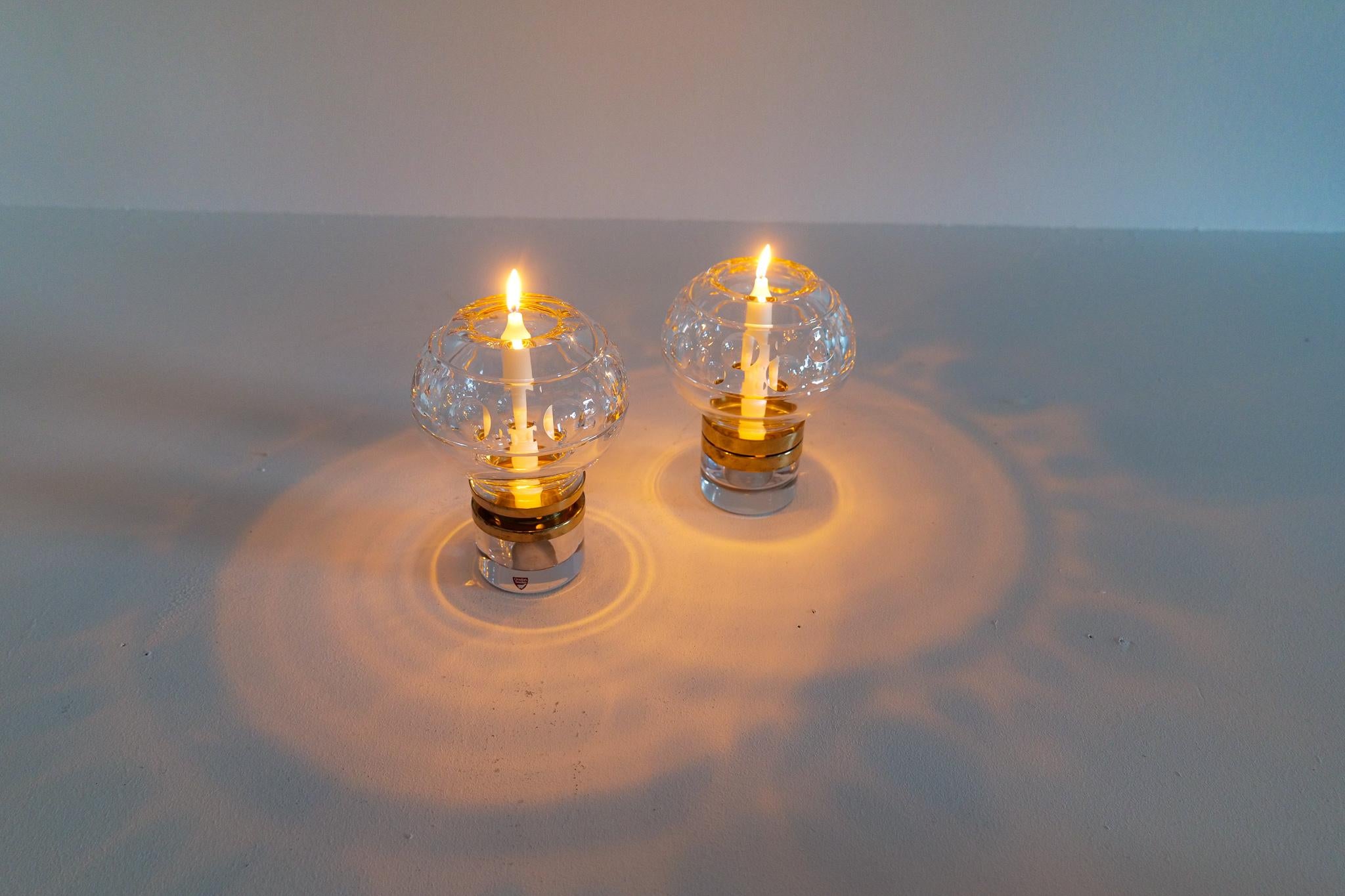 Scandinavian Modern Pair of Heavy Clear Crystal Candle Holders Orrefors Sweden For Sale 5