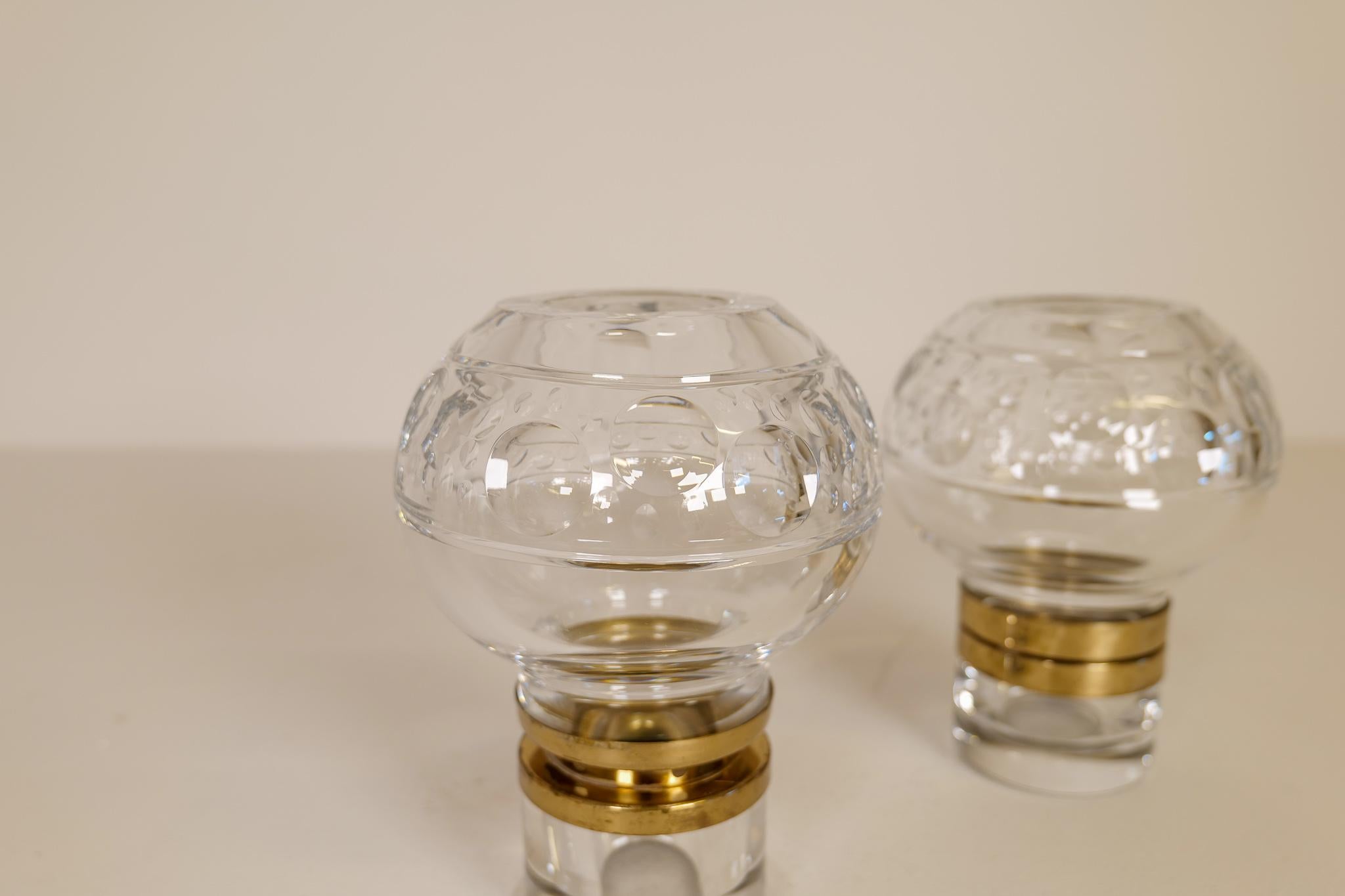 Scandinavian Modern Pair of Heavy Clear Crystal Candle Holders Orrefors Sweden For Sale 1