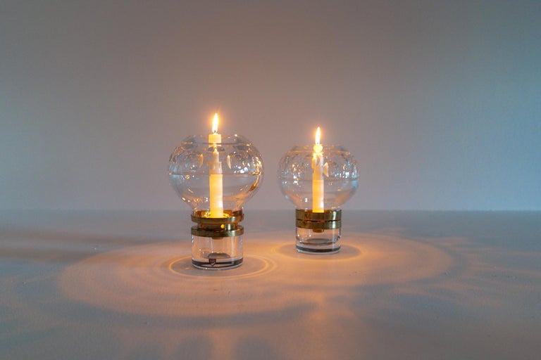 Scandinavian Modern Pair of Heavy Clear Crystal Candle Holders Orrefors Sweden For Sale 3