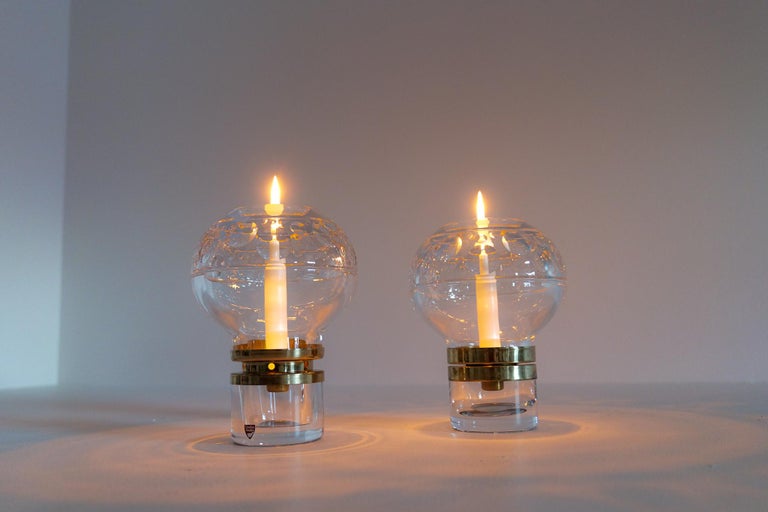 Scandinavian Modern Pair of Heavy Clear Crystal Candle Holders Orrefors Sweden For Sale 4