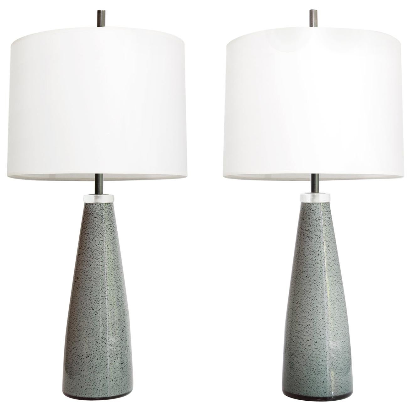 Scandinavian Modern Pair of Johansfors Glasbruk Speckled Glass Lamps, Sweden